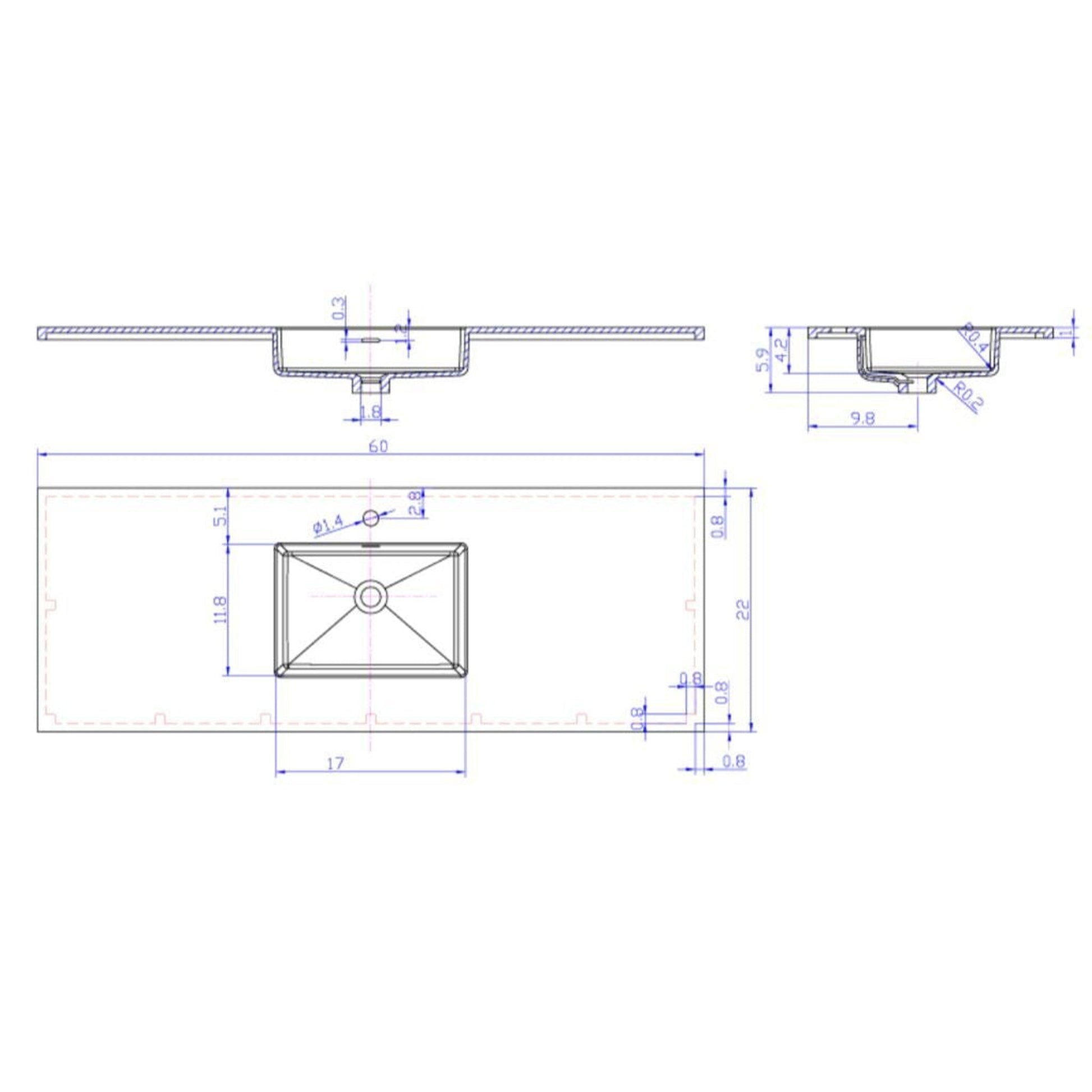 Laviva Forever 60" Matte White Viva Stone Solid Surface Countertop With Single Integrated Sinks