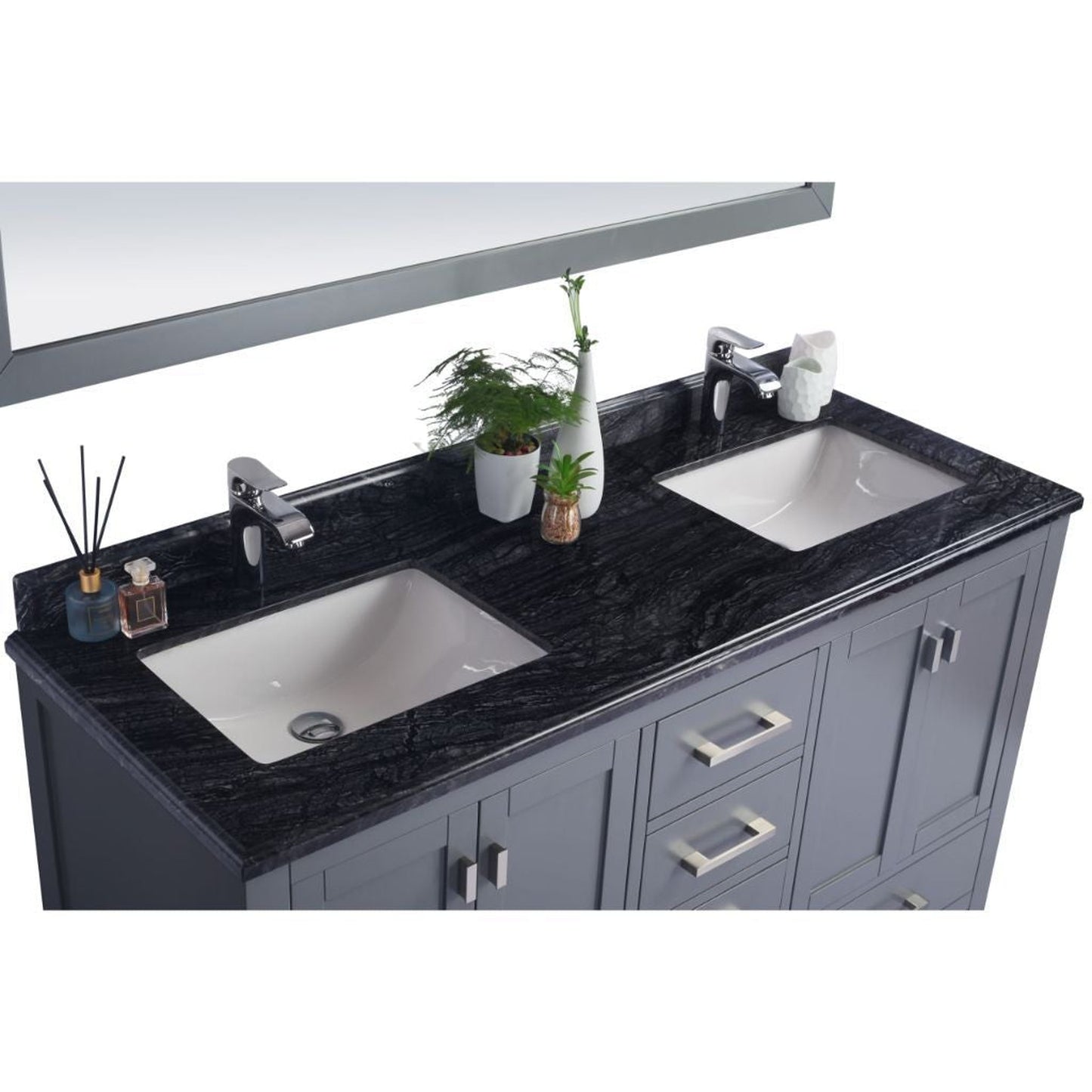 Laviva Forever 60" Single Hole Black Wood Marble Countertop With Double Rectangular Ceramic Sink