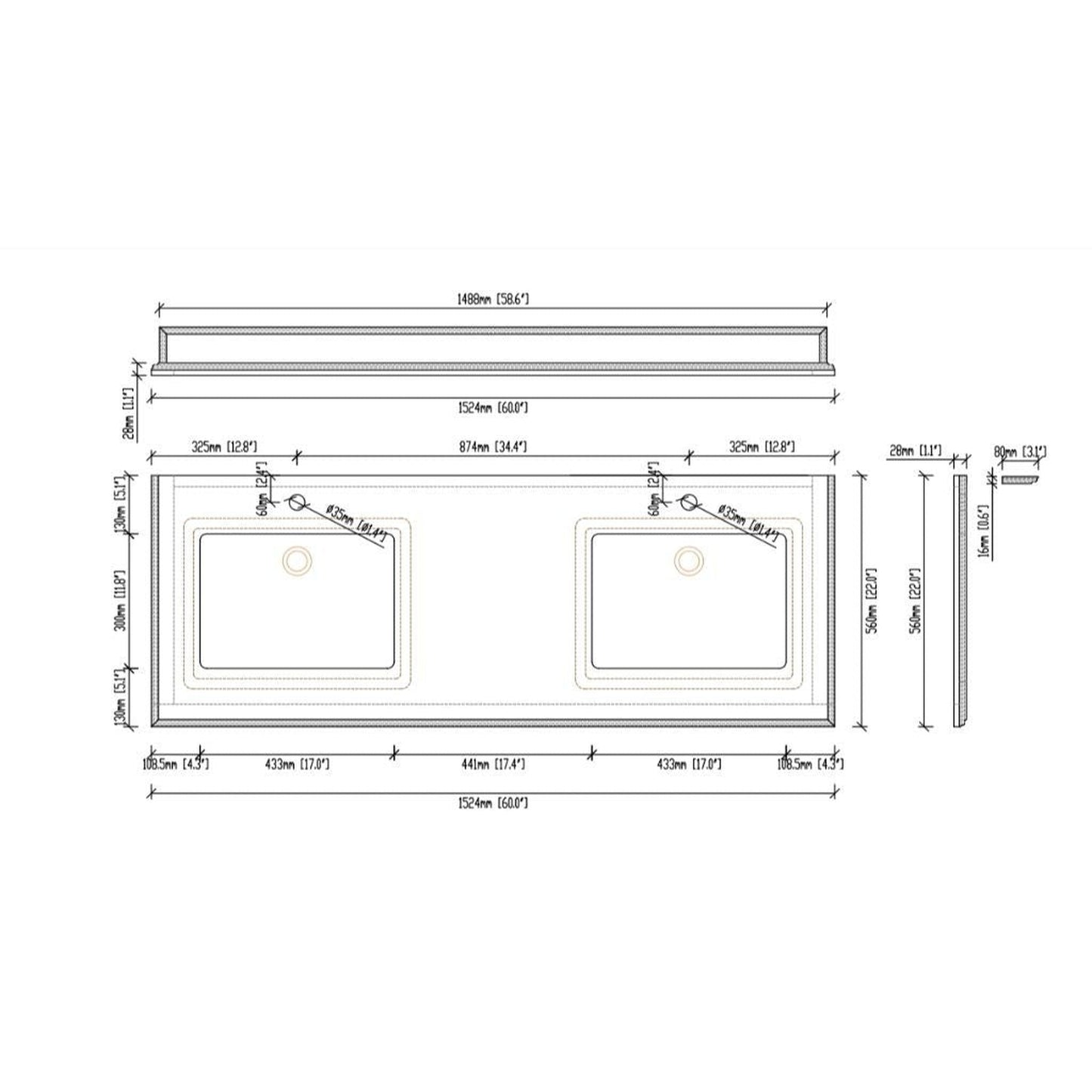 Laviva Forever 60" Single Hole Black Wood Marble Countertop With Double Rectangular Ceramic Sink