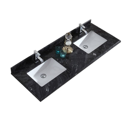Laviva Forever 60" Single Hole Black Wood Marble Countertop With Double Rectangular Ceramic Sink