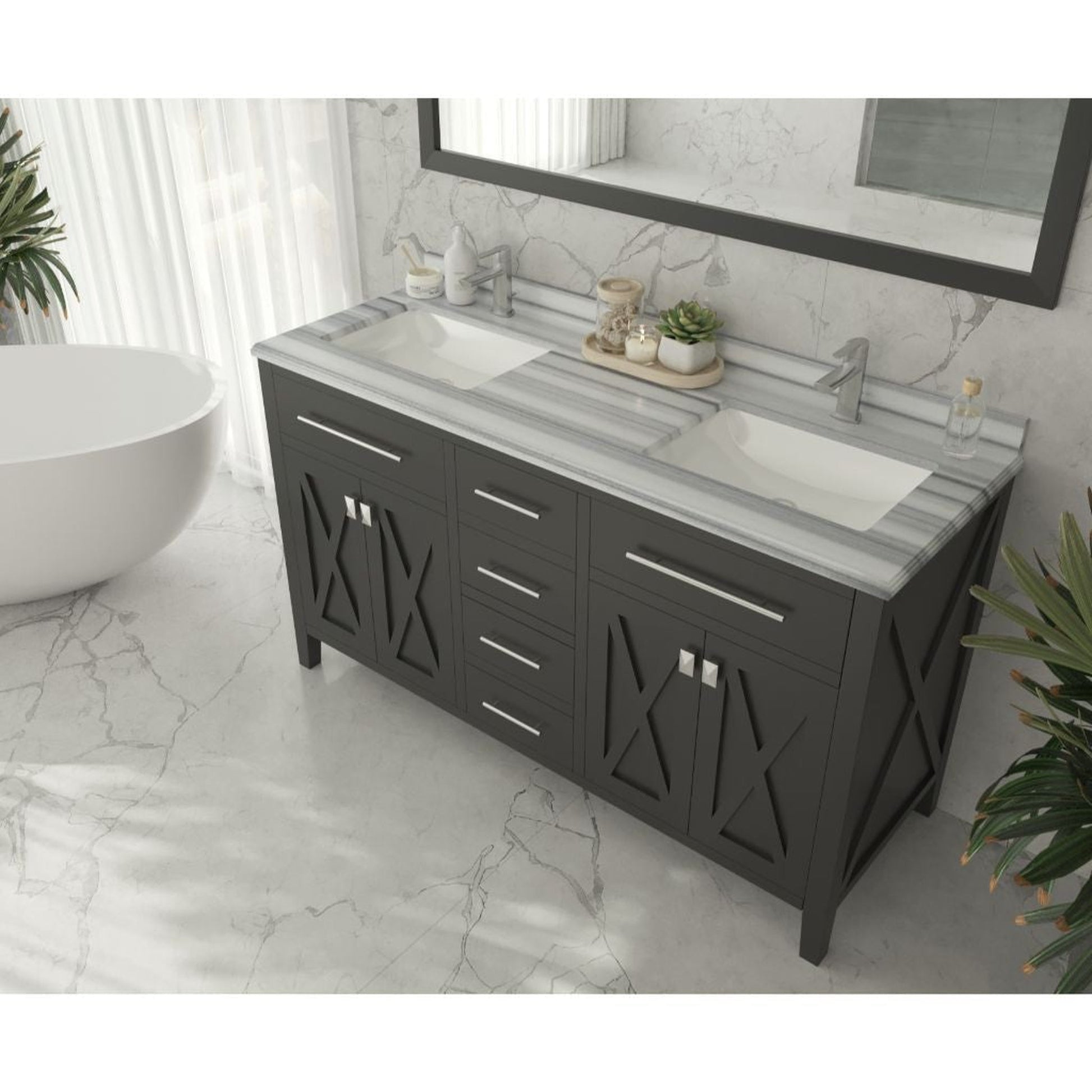 Laviva Forever 60" Single Hole White Stripes Marble Countertop With Double Rectangular Ceramic Sink