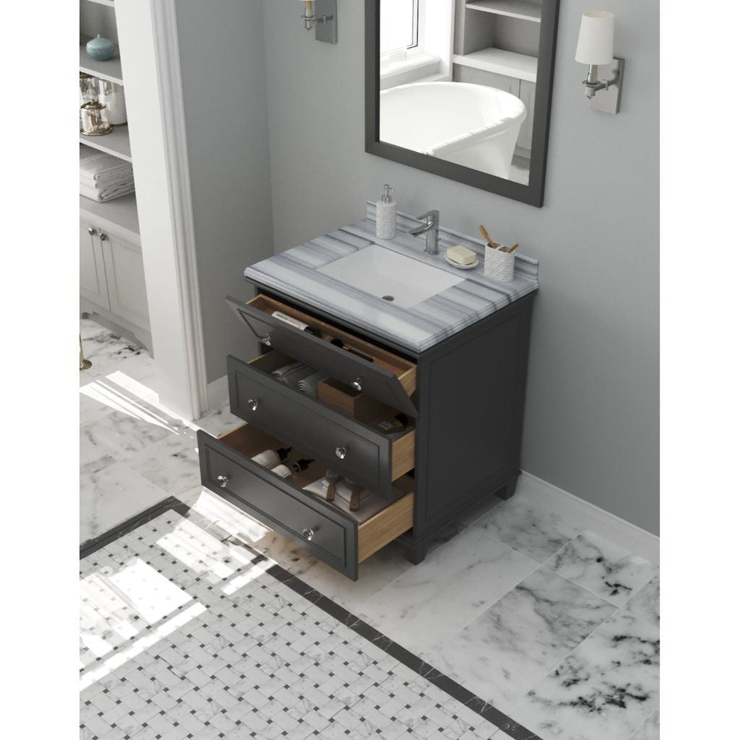 Laviva Luna 30" Espresso Vanity Base and White Stripes Marble Countertop with Rectangular Ceramic Sink