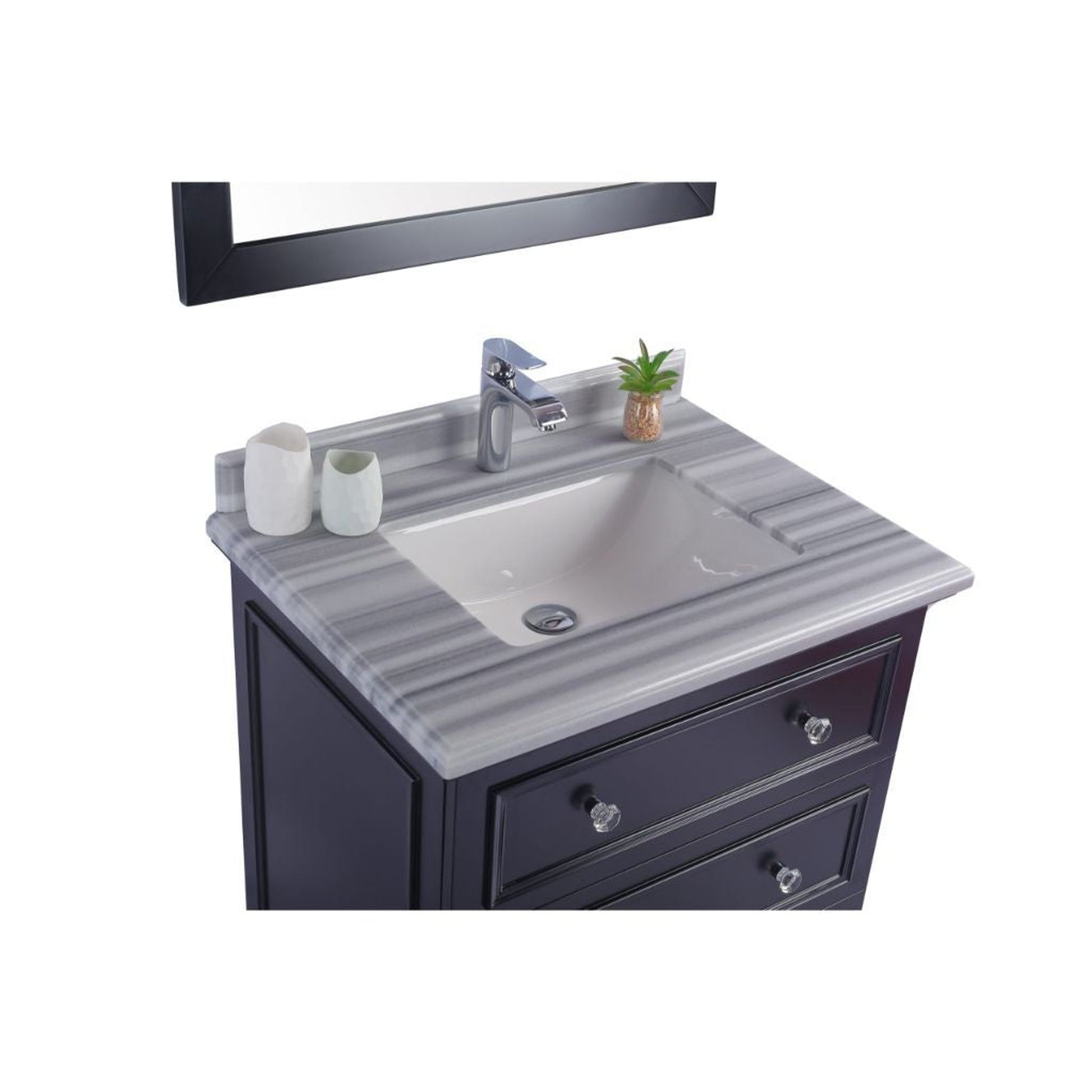 Laviva Luna 30" Espresso Vanity Base and White Stripes Marble Countertop with Rectangular Ceramic Sink