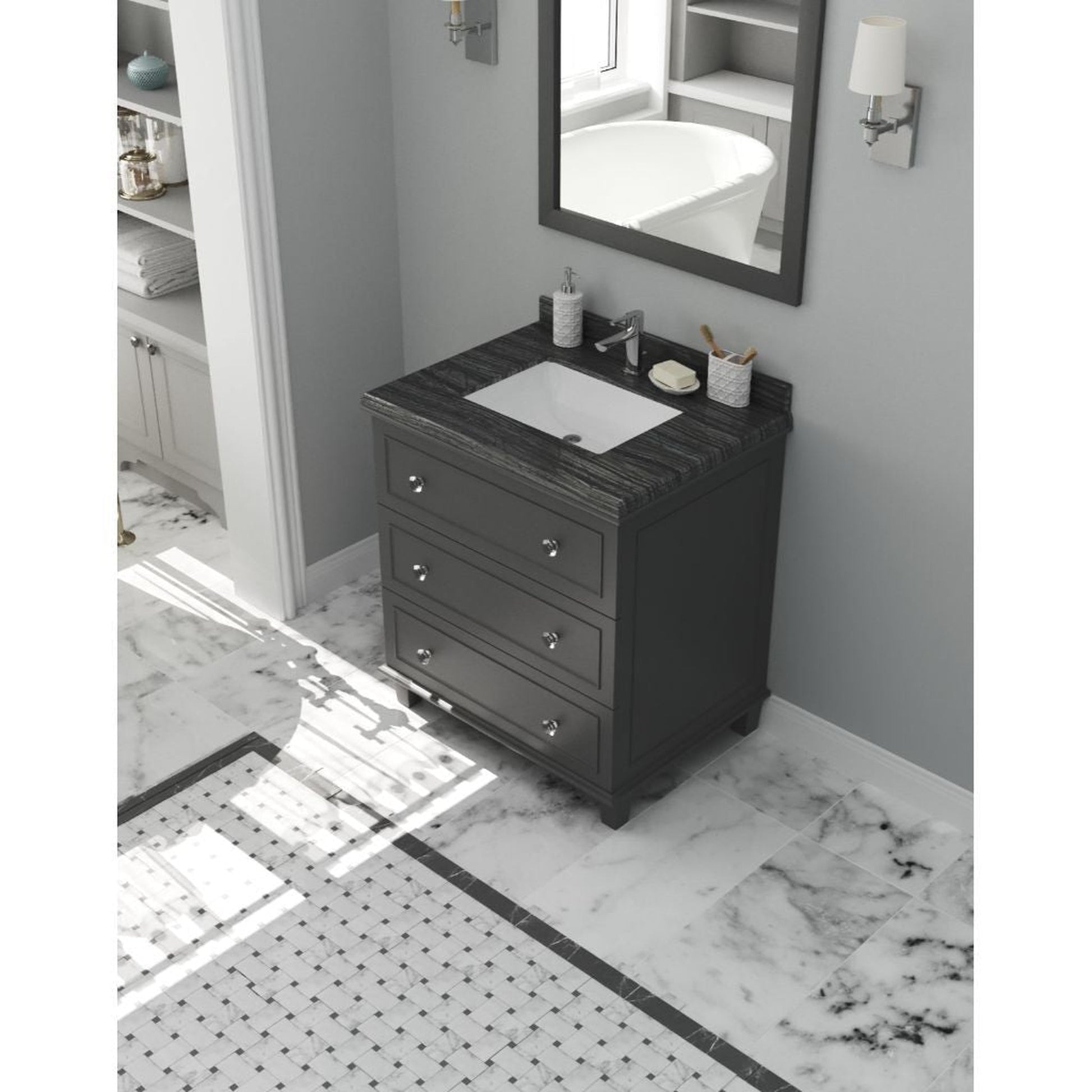 Laviva Luna 30" Maple Gray Vanity Base and Black Wood Marble Countertop With Rectangular Ceramic Sink