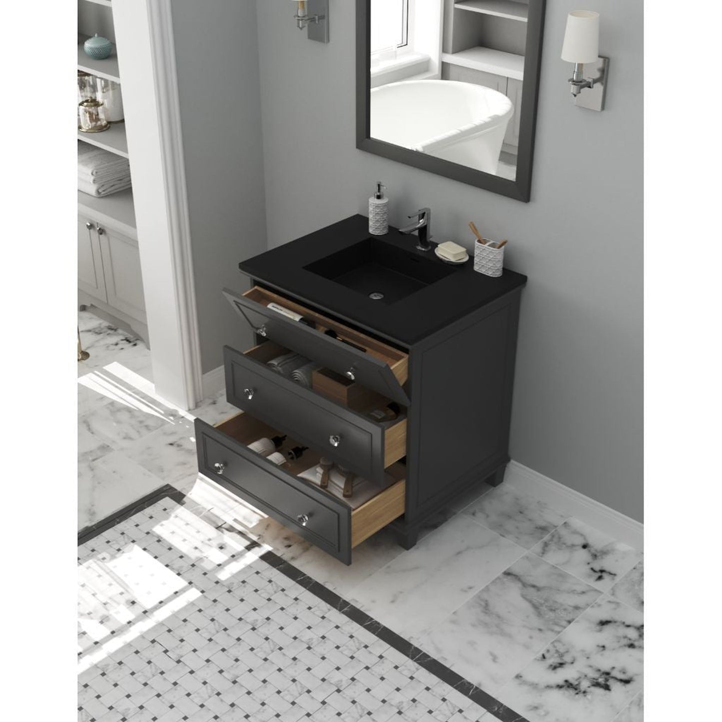 Laviva Luna 30" Maple Gray Vanity Base and Matte Black Viva Stone Solid Surface Countertop With Integrated Sink