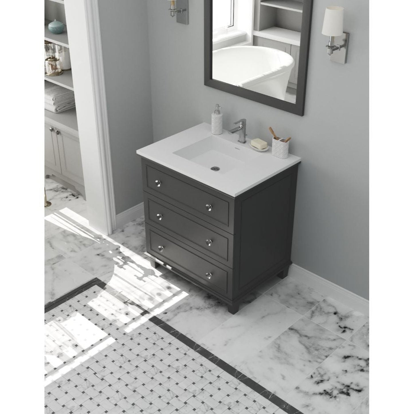 Laviva Luna 30" Maple Gray Vanity Base and Matte White Viva Stone Solid Surface Countertop With Integrated Sink