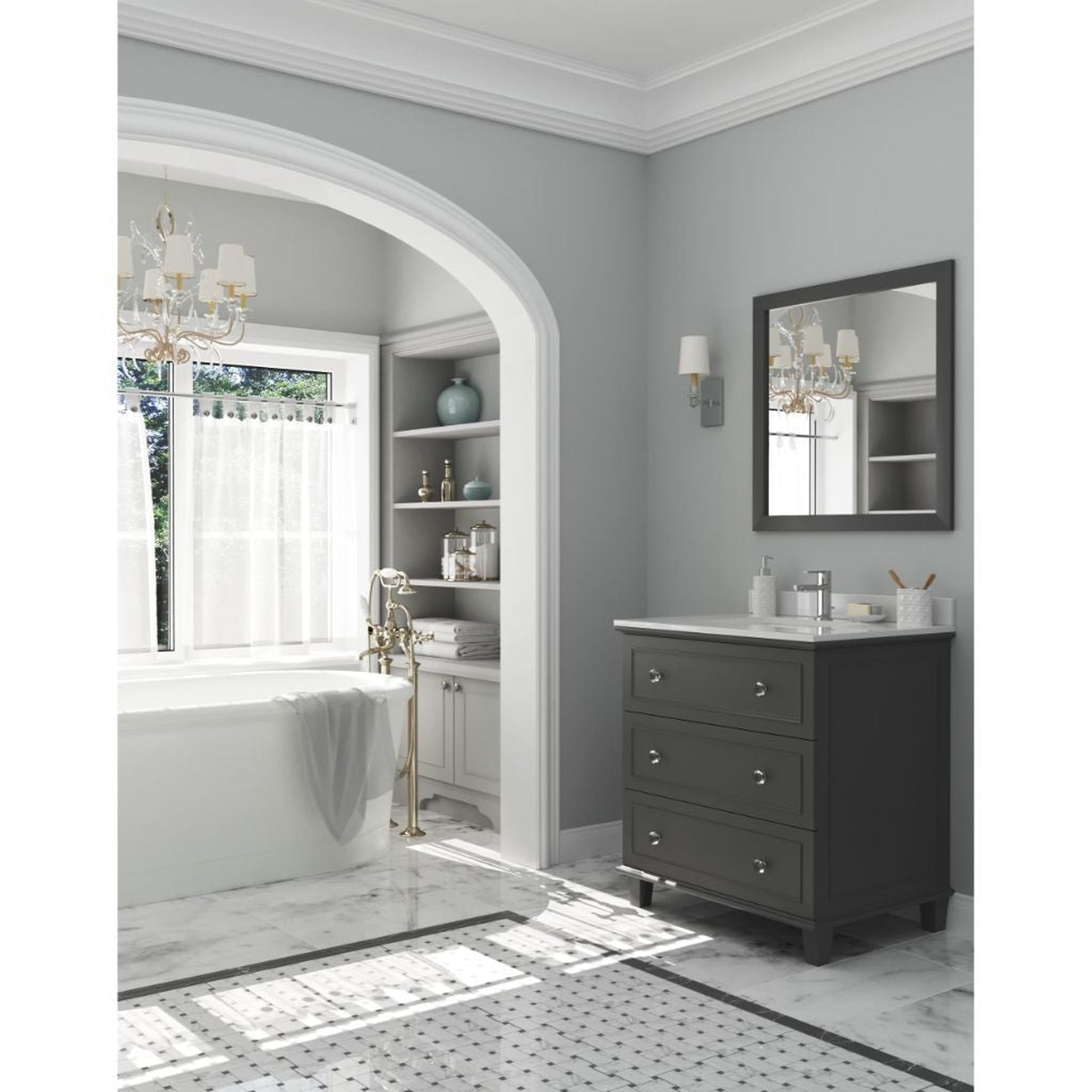 Laviva Luna 30" Maple Gray Vanity Base and White Quartz Countertop with Rectangular Ceramic Sink