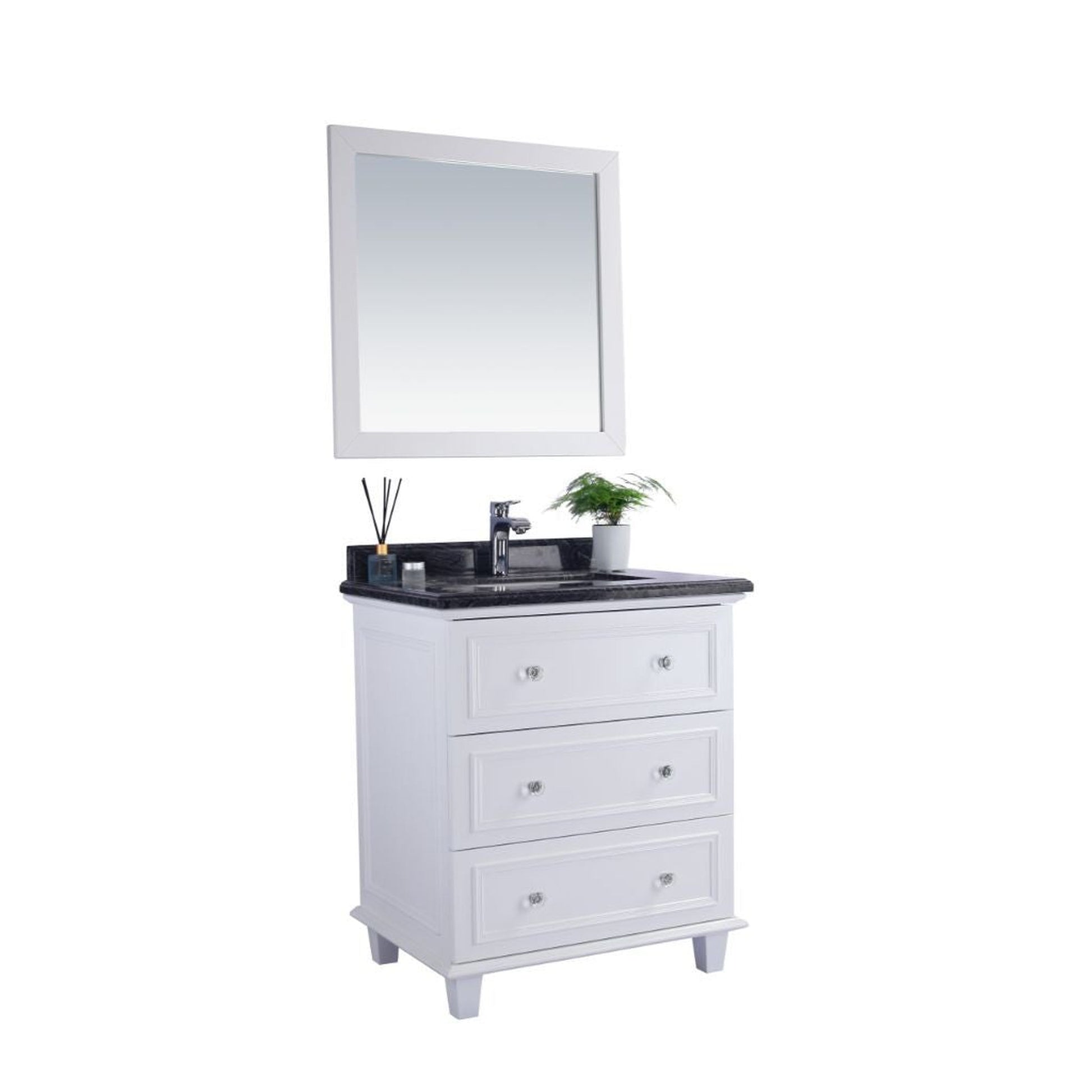 Laviva Luna 30" White Vanity Base and Black Wood Marble Countertop With Rectangular Ceramic Sink