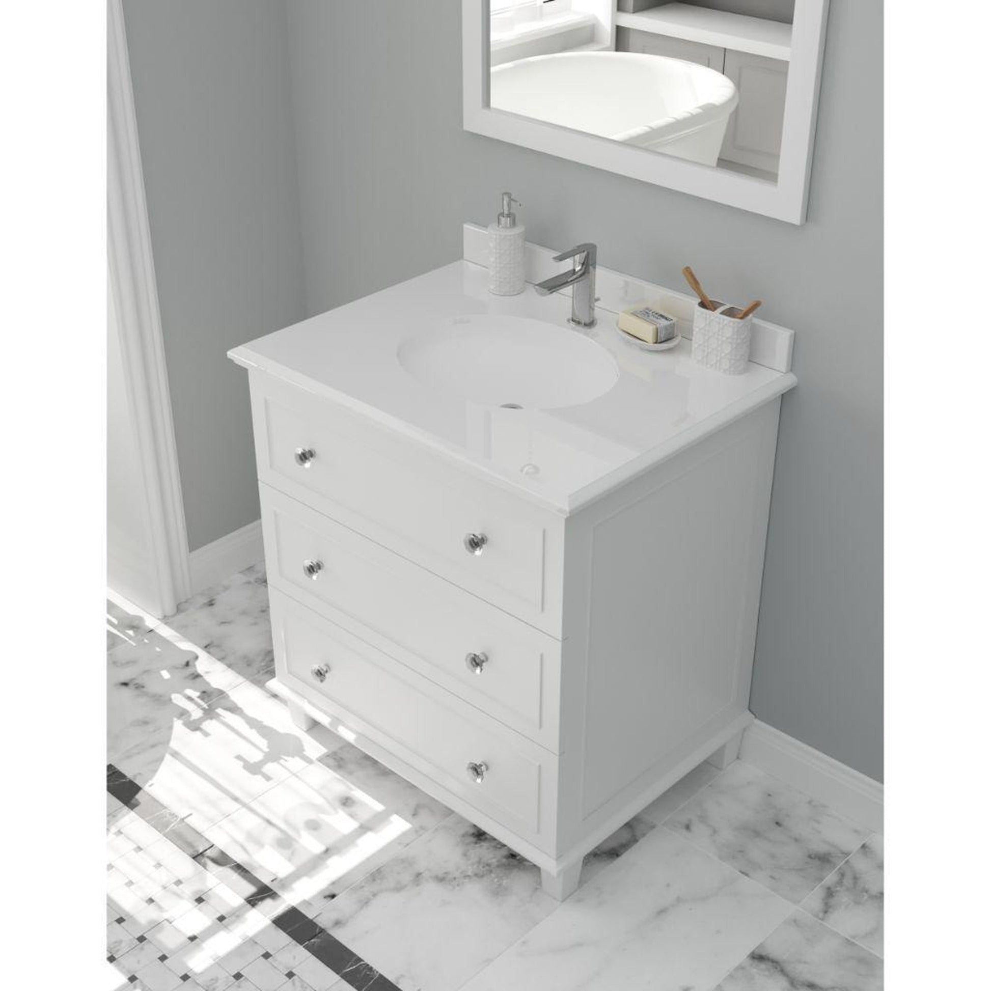 Laviva Luna 30" White Vanity Base and Pure White Phoenix Stone Countertop with Oval Ceramic Sink