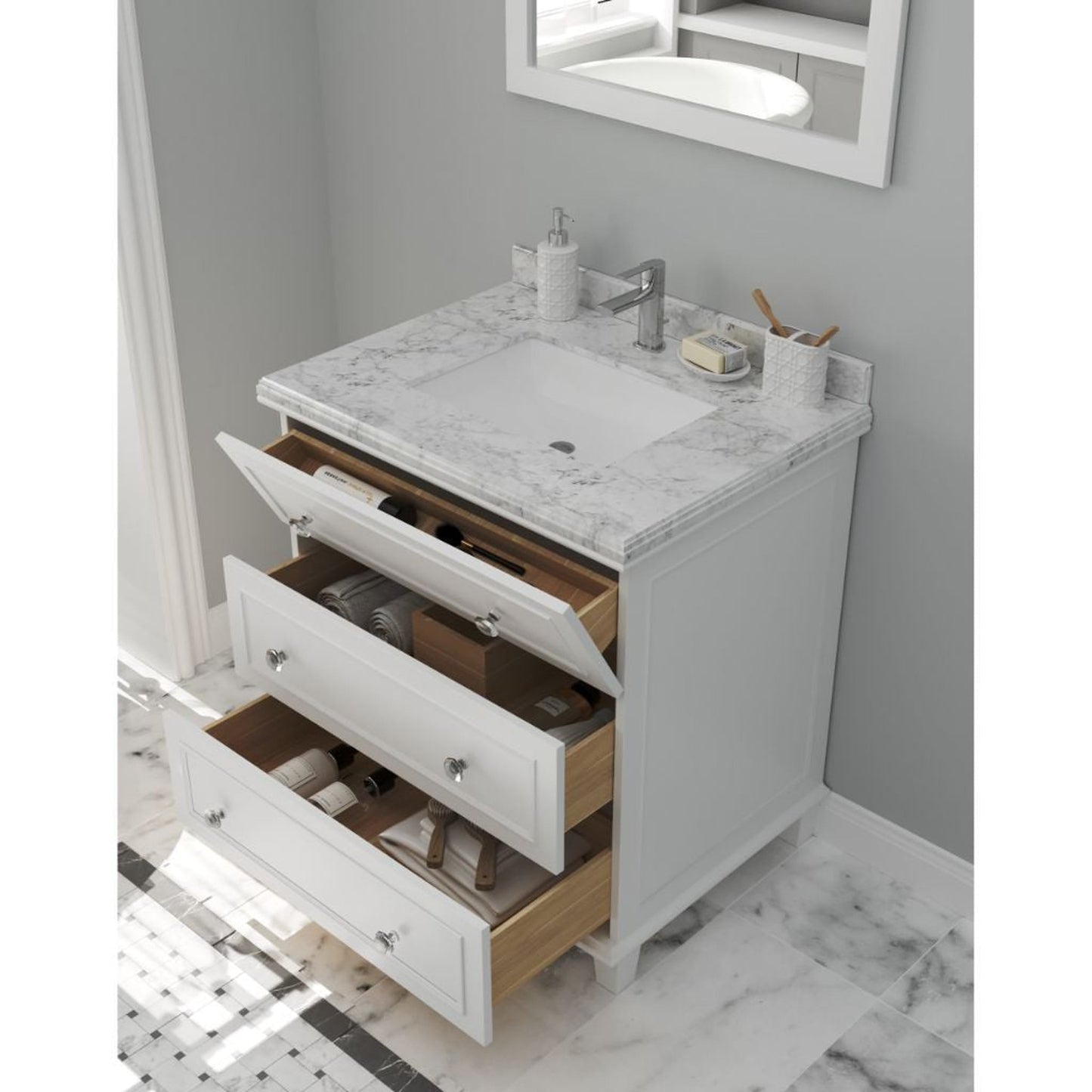 Laviva Luna 30" White Vanity Base and White Cararra Marble Countertop With Rectangular Ceramic Sink