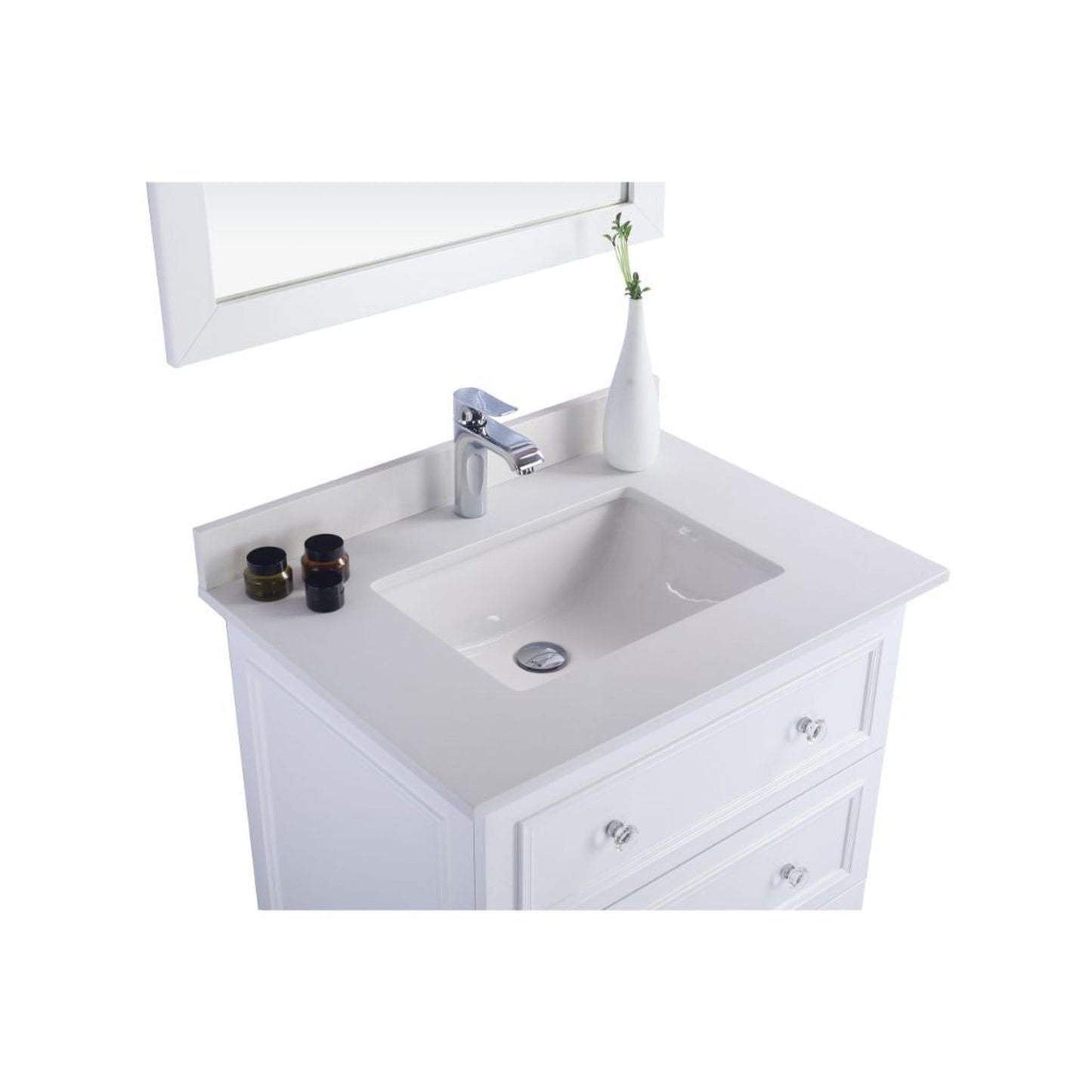 Laviva Luna 30" White Vanity Base and White Quartz Countertop with Rectangular Ceramic Sink