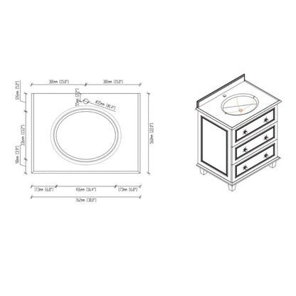 Laviva Luna 30" White Vanity Base and White Stripes Marble Countertop with Rectangular Ceramic Sink