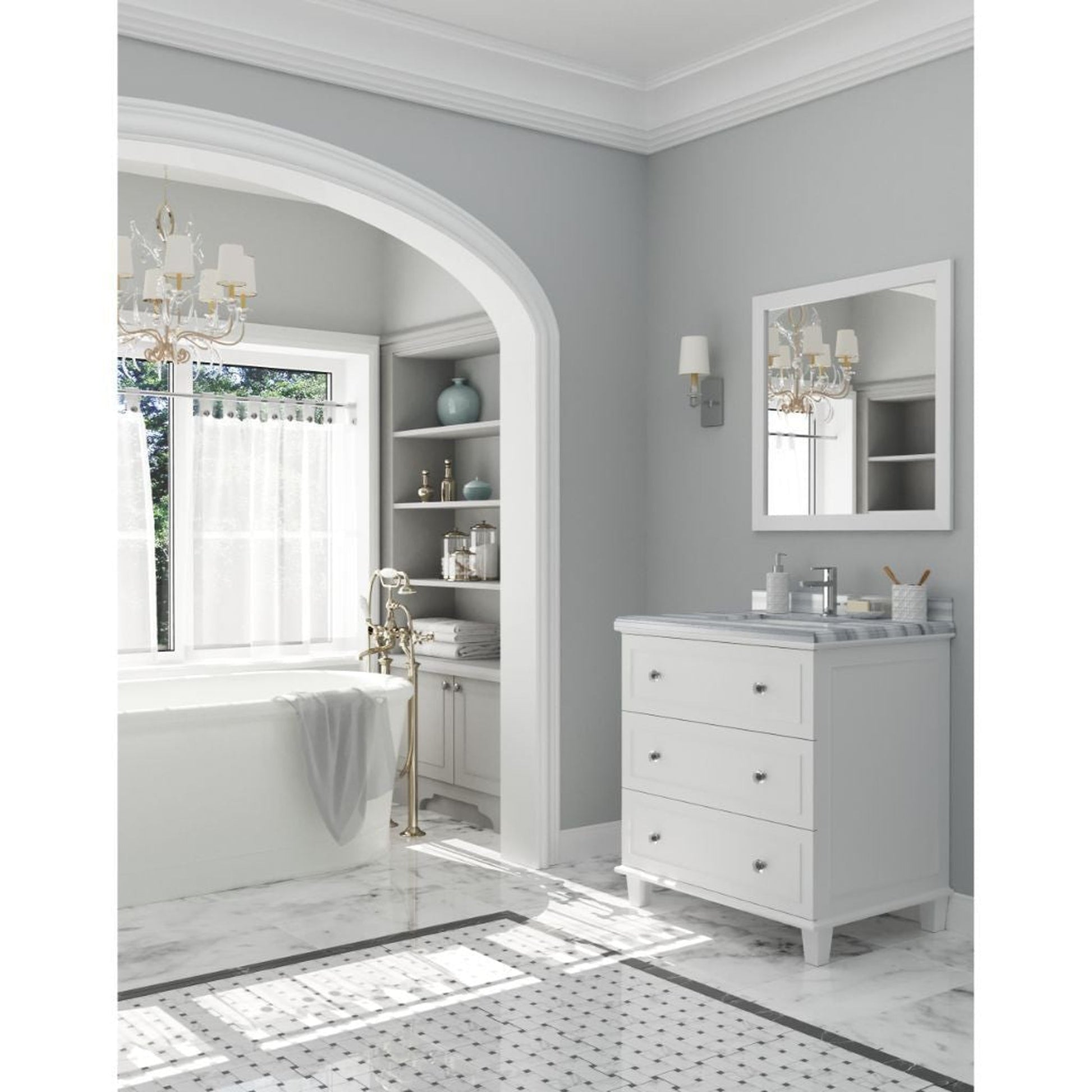 Laviva Luna 30" White Vanity Base and White Stripes Marble Countertop with Rectangular Ceramic Sink