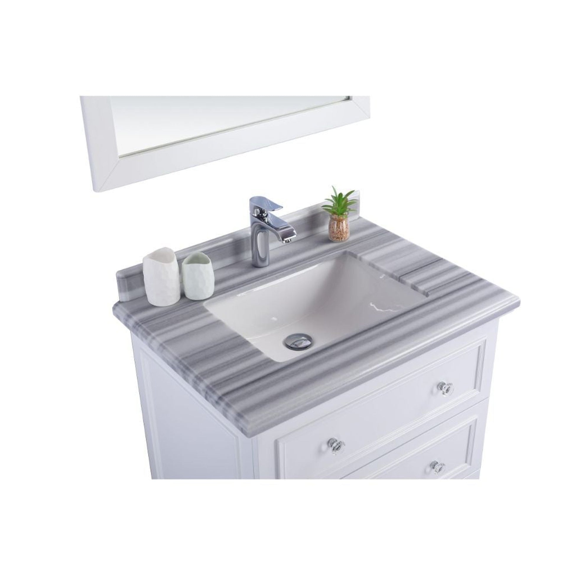 Laviva Luna 30" White Vanity Base and White Stripes Marble Countertop with Rectangular Ceramic Sink