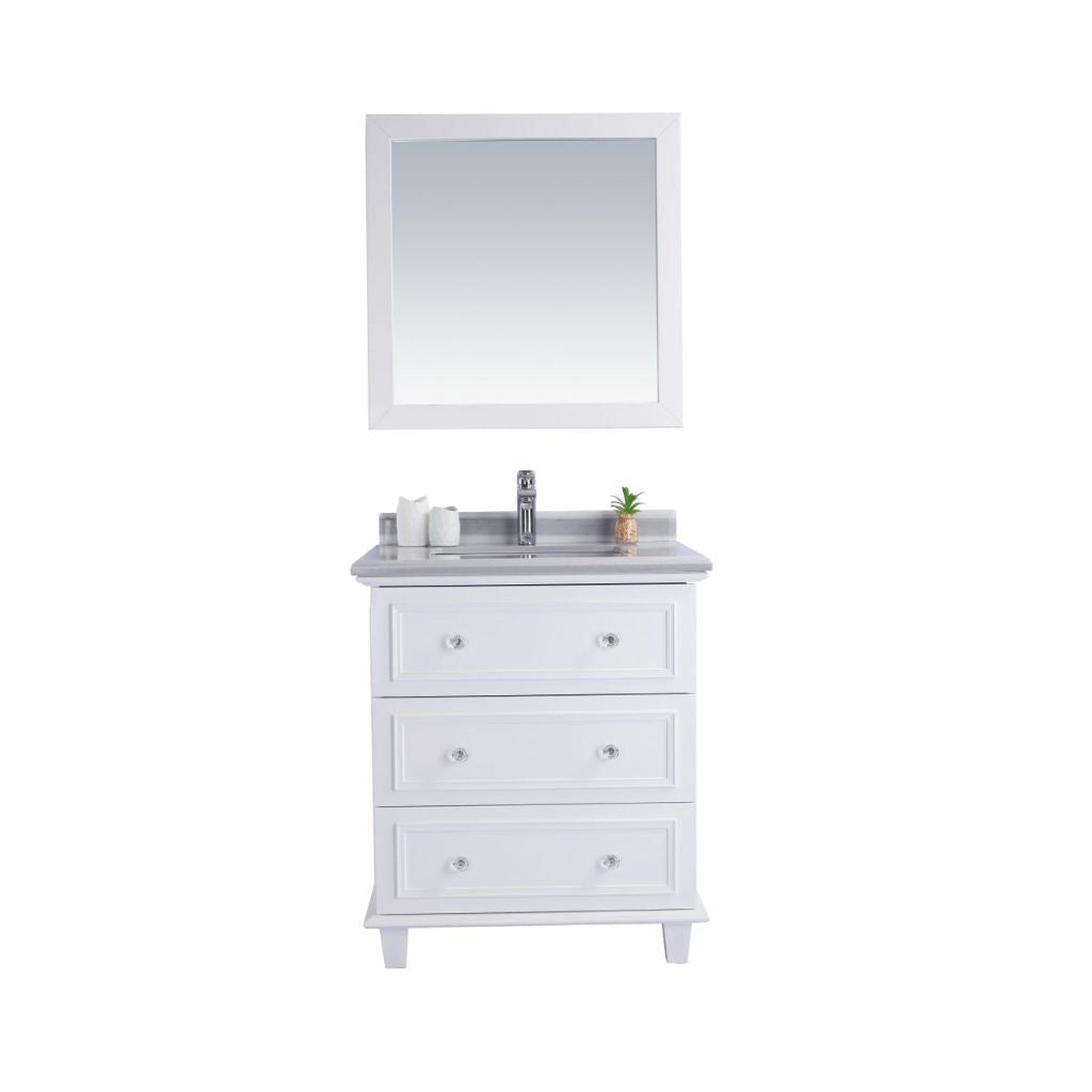 Laviva Luna 30" White Vanity Base and White Stripes Marble Countertop with Rectangular Ceramic Sink