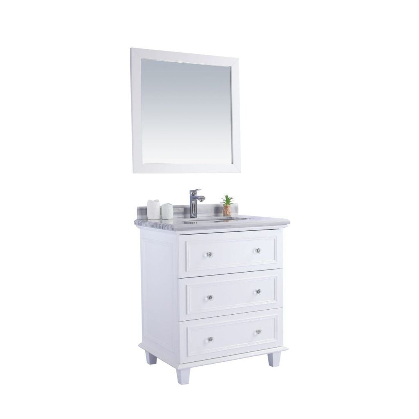 Laviva Luna 30" White Vanity Base and White Stripes Marble Countertop with Rectangular Ceramic Sink