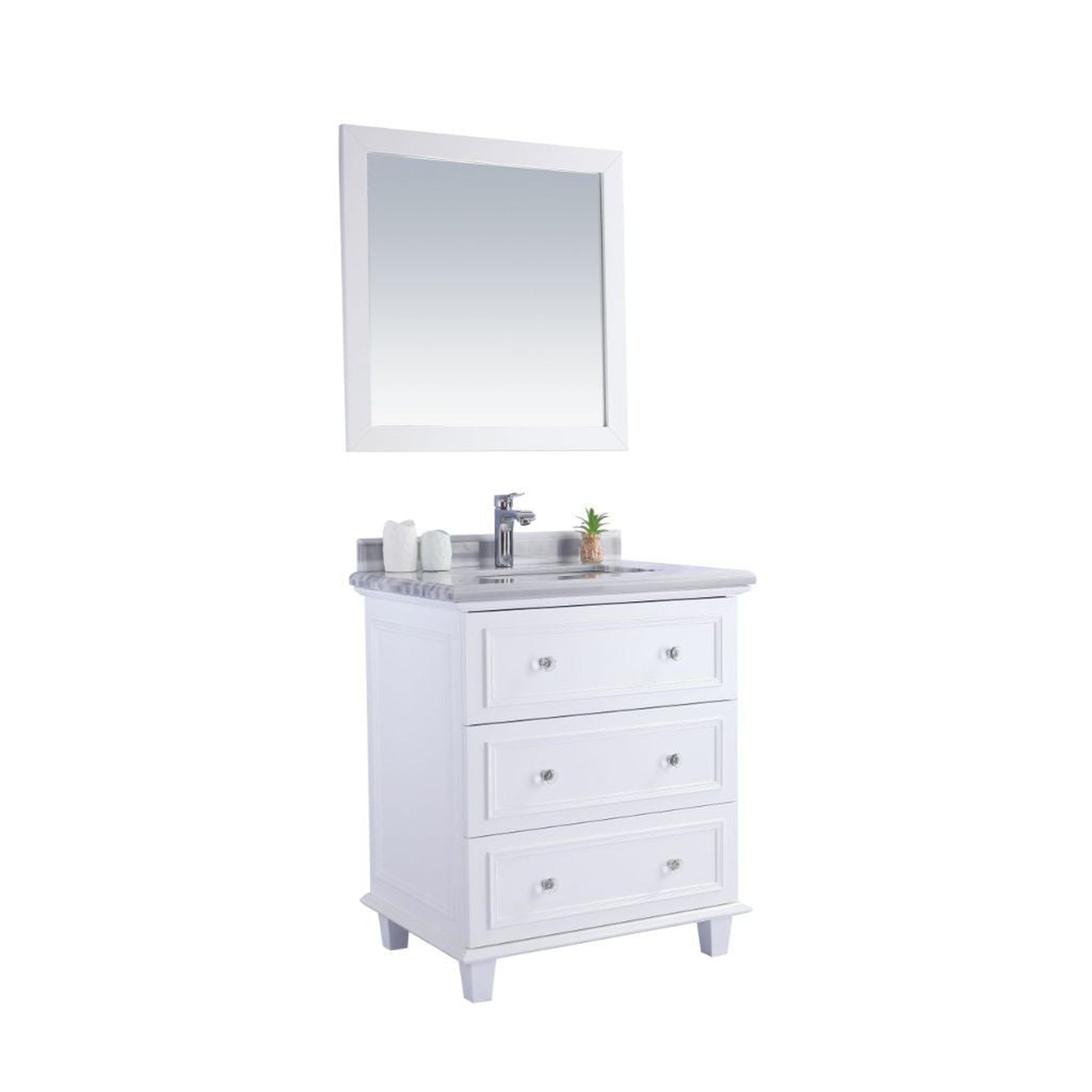 Laviva Luna 30" White Vanity Base and White Stripes Marble Countertop with Rectangular Ceramic Sink