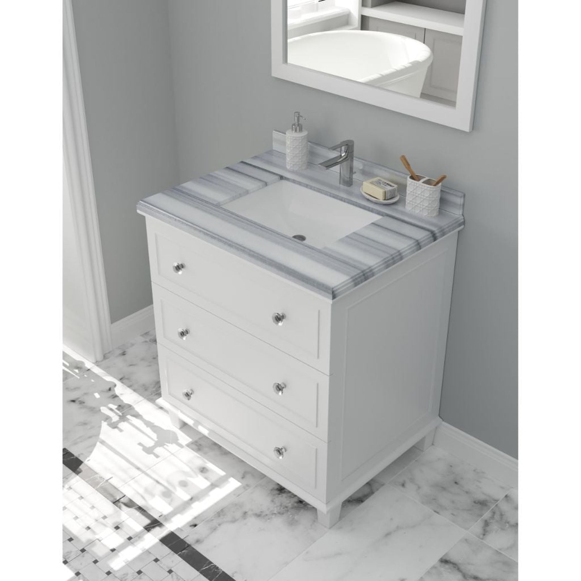 Laviva Luna 30" White Vanity Base and White Stripes Marble Countertop with Rectangular Ceramic Sink