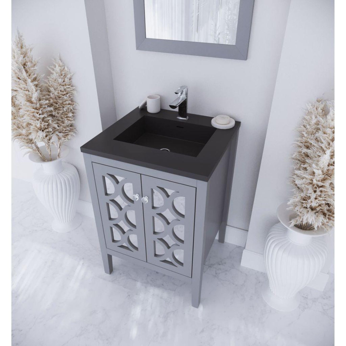 Laviva Mediterraneo 24" Gray Vanity Base and Matte Black Viva Stone Solid Surface Countertop With Integrated Sink