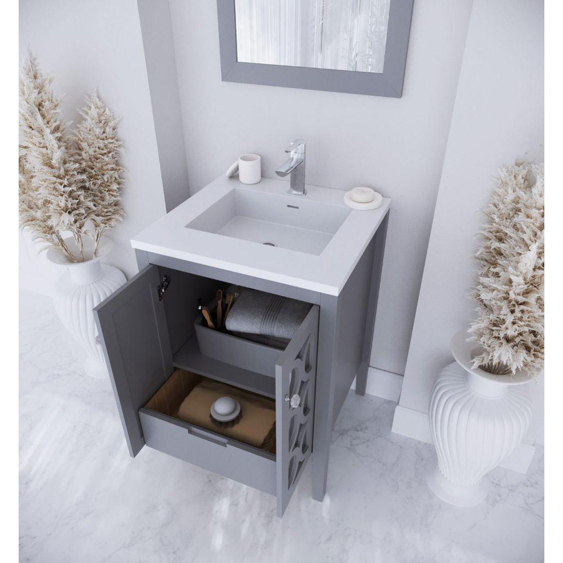 Laviva Mediterraneo 24" Gray Vanity Base and Matte White Viva Stone Solid Surface Countertop With Integrated Sink