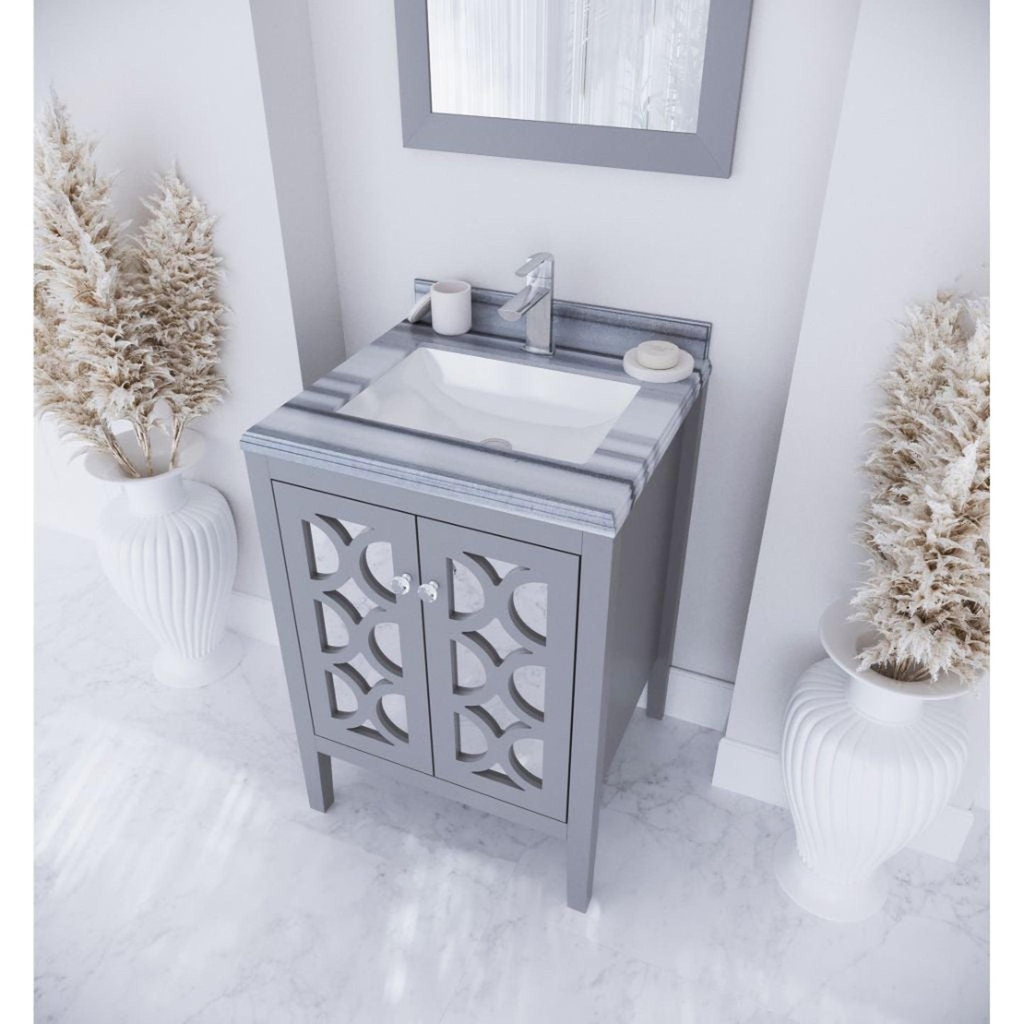 Laviva Mediterraneo 24" Gray Vanity Base and White Stripes Marble Countertop With Rectangular Ceramic Sink
