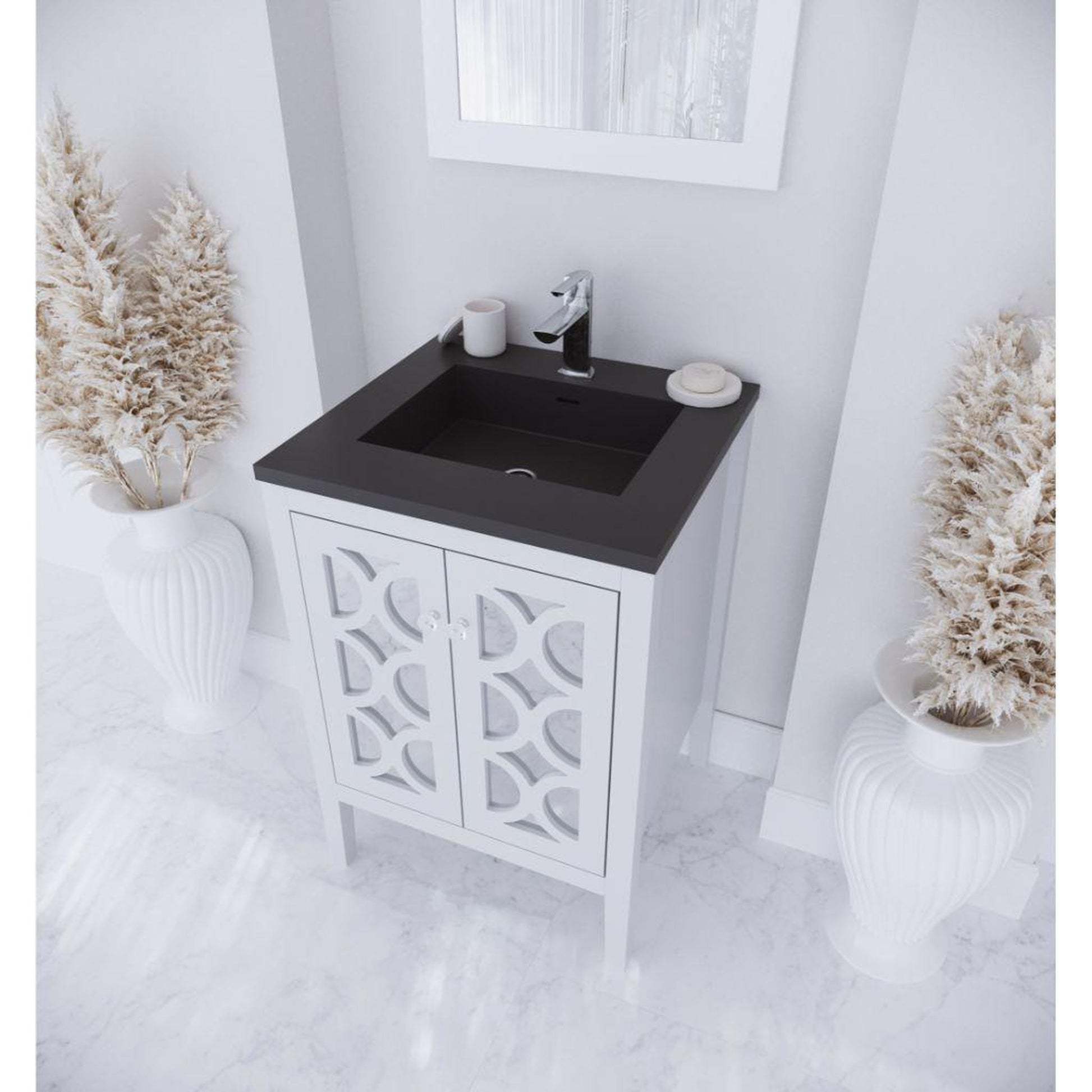 Laviva Mediterraneo 24" White Vanity Base and Matte Black Viva Stone Solid Surface Countertop With Integrated Sink