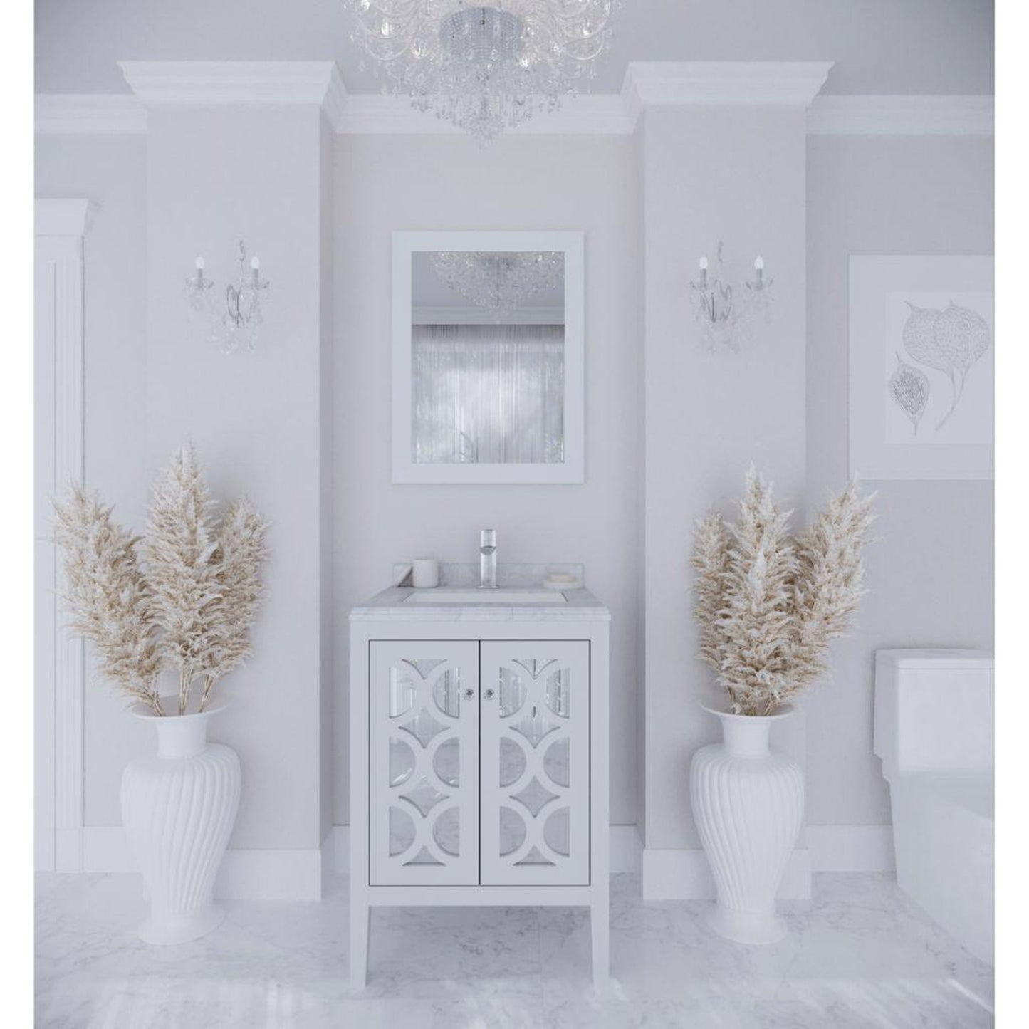 Laviva Mediterraneo 24" White Vanity Base and White Carrara Marble Countertop With Rectangular Ceramic Sink
