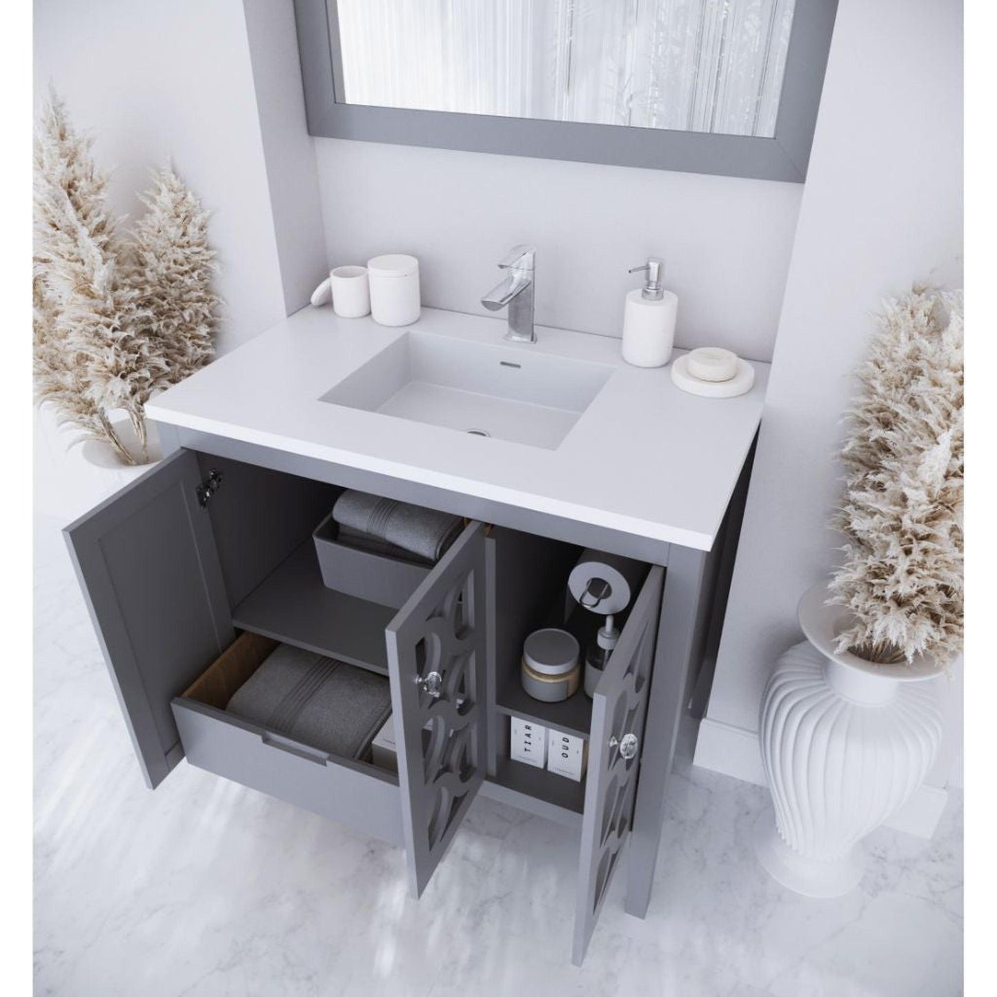 Laviva Mediterraneo 36" Gray Vanity Base and Matte White Viva Stone Solid Surface Countertop With Integrated Sink