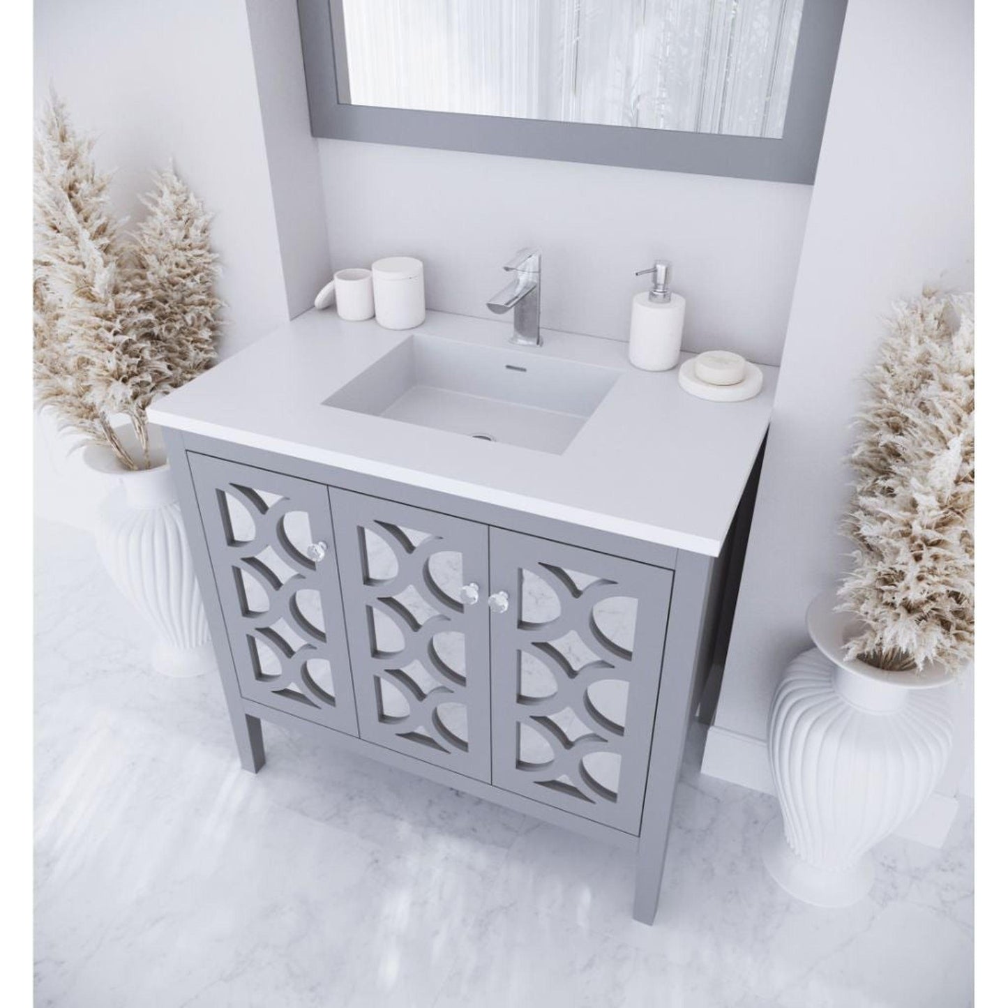 Laviva Mediterraneo 36" Gray Vanity Base and Matte White Viva Stone Solid Surface Countertop With Integrated Sink