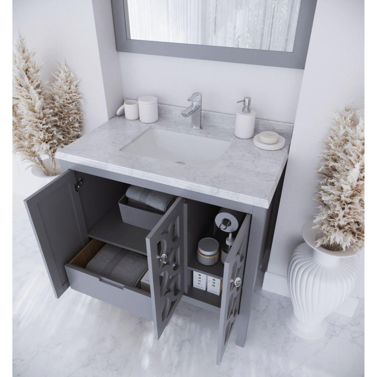 Laviva Mediterraneo 36" Gray Vanity Base and White Carrara Marble Countertop With Rectangular Ceramic Sink