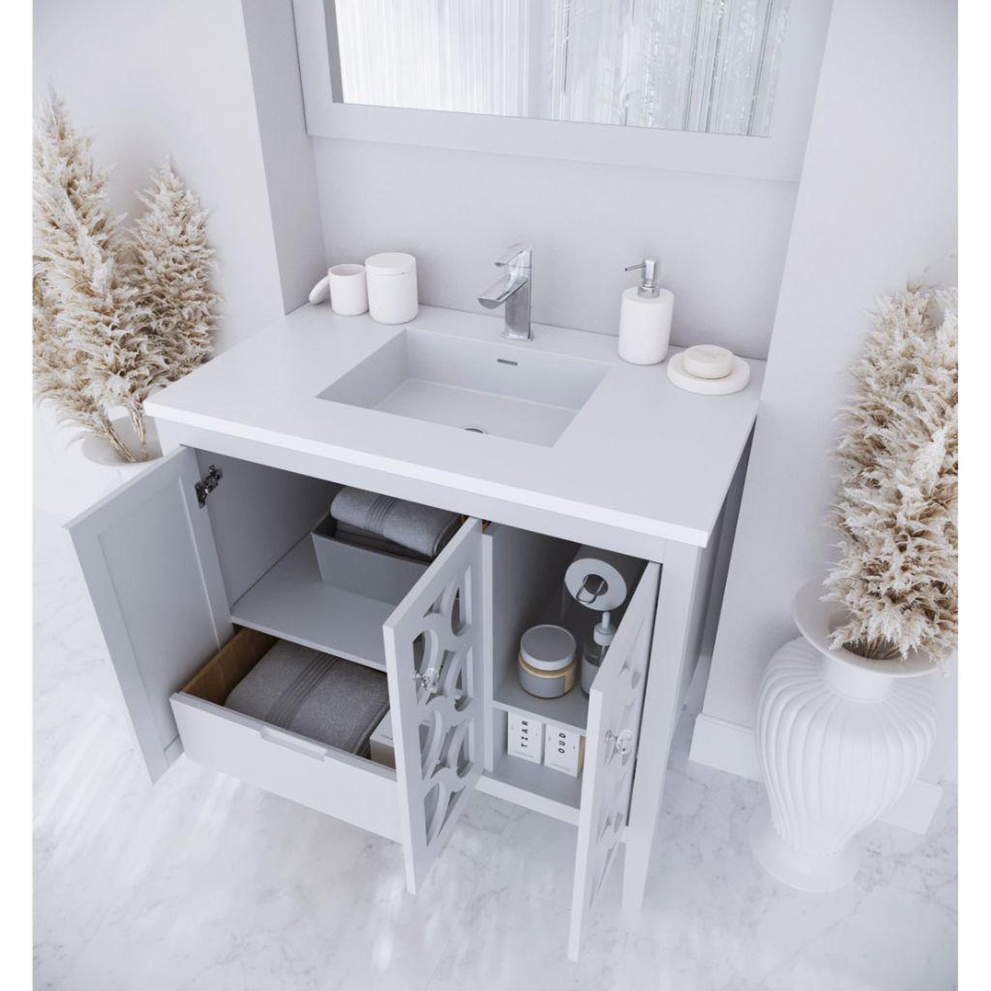 Laviva Mediterraneo 36" White Vanity Base and Matte White Viva Stone Solid Surface Countertop With Integrated Sink