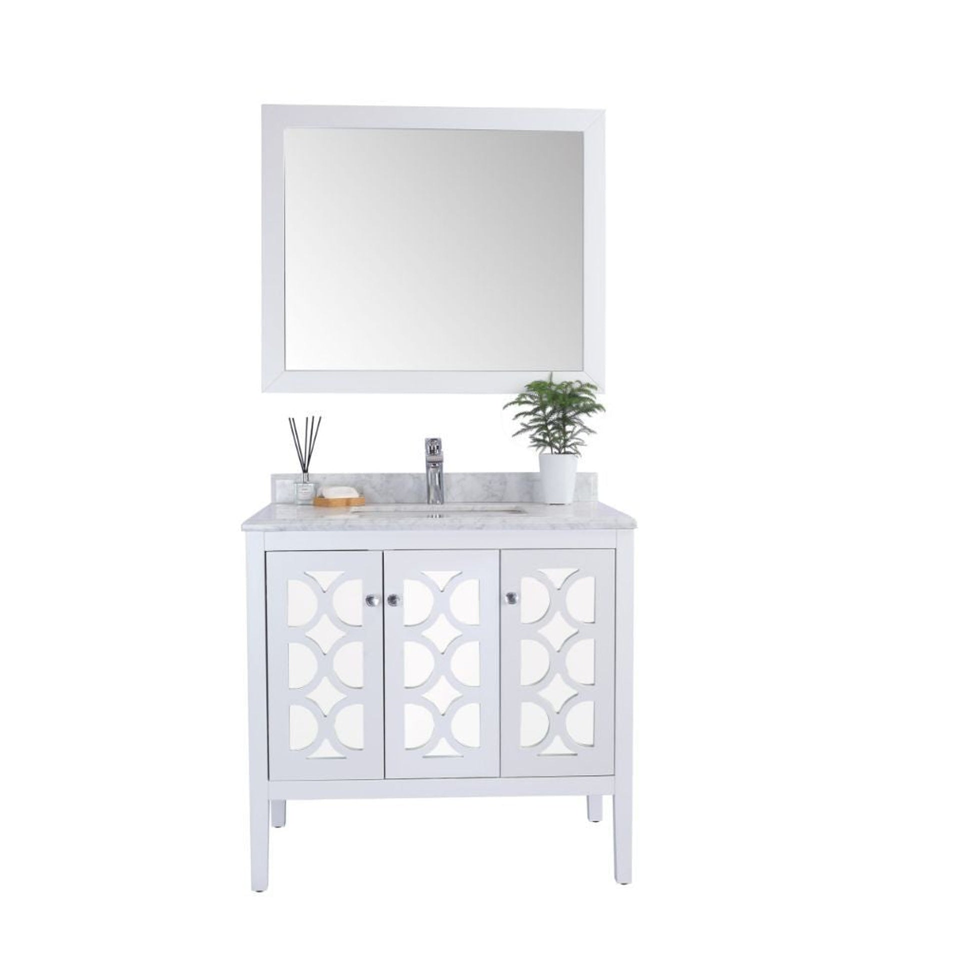 Laviva Mediterraneo 36" White Vanity Base and White Carrara Marble Countertop With Rectangular Ceramic Sink