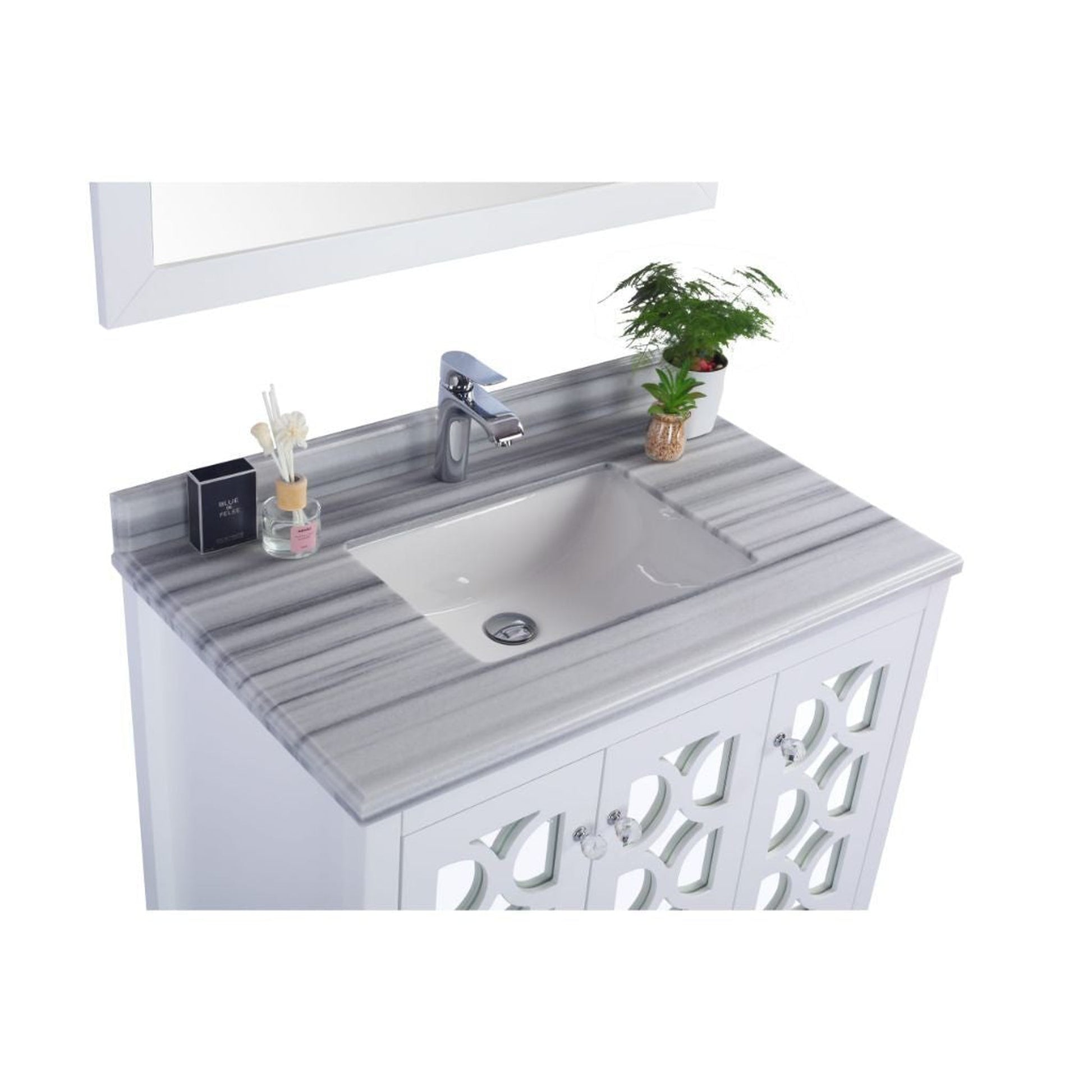 Laviva Mediterraneo 36" White Vanity Base and White Stripes Marble Countertop With Rectangular Ceramic Sink