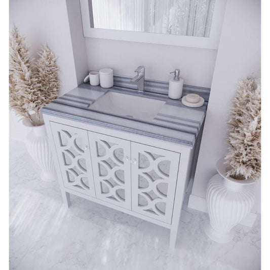 Laviva Mediterraneo 36" White Vanity Base and White Stripes Marble Countertop With Rectangular Ceramic Sink