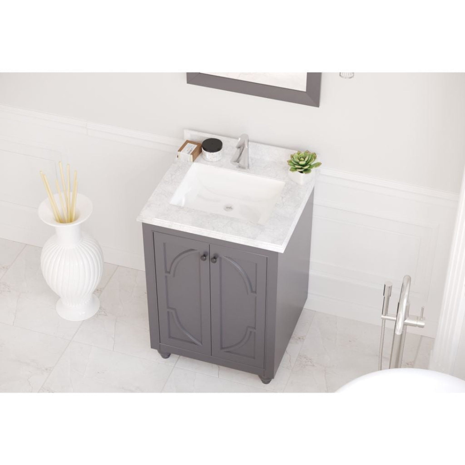 Laviva Odyssey 24" Maple Gray Vanity Base and White Carrara Marble Countertop With Rectangular Ceramic Sink