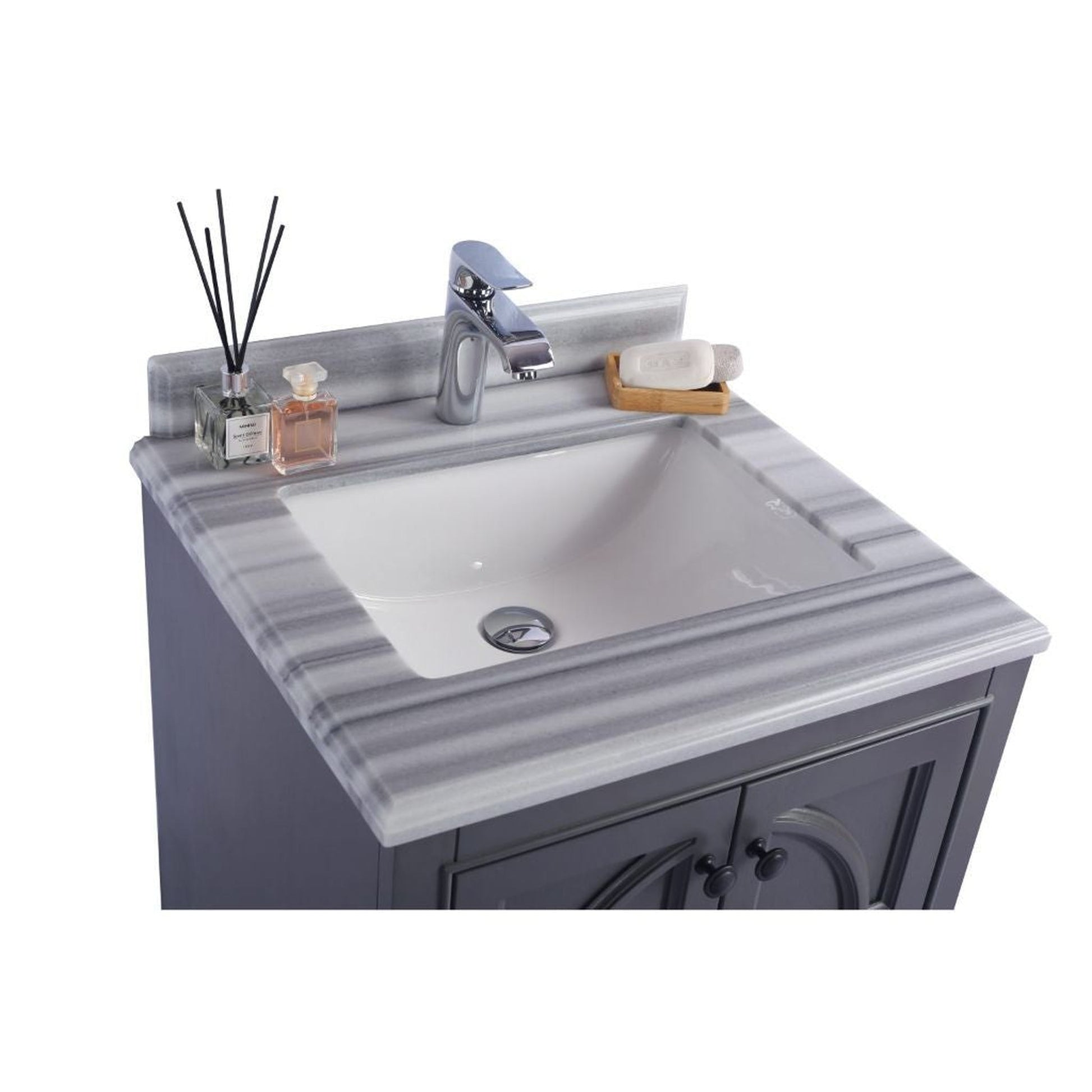 Laviva Odyssey 24" Maple Gray Vanity Base and White Stripes Marble Countertop With Rectangular Ceramic Sink