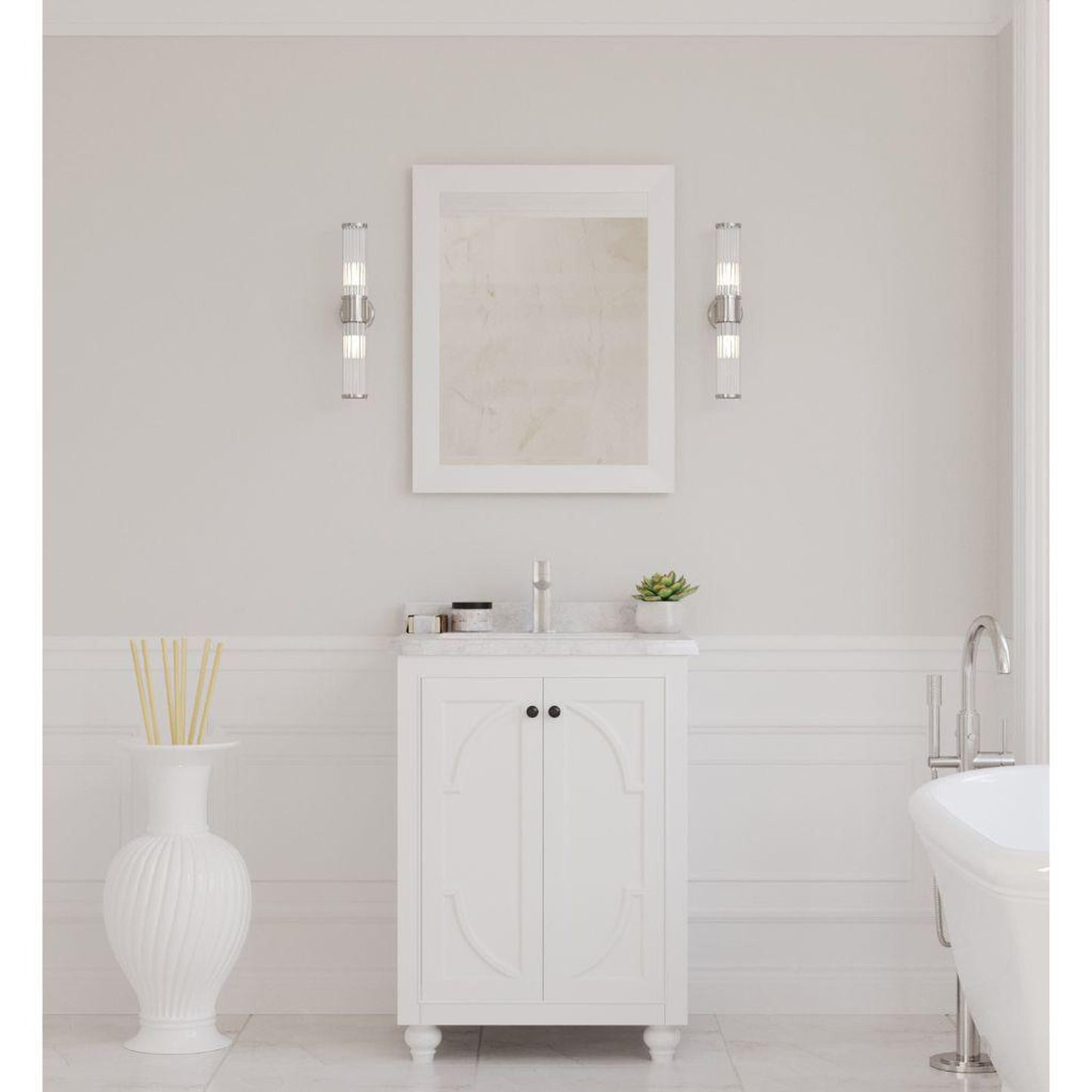 Laviva Odyssey 24" White Vanity Base and White Carrara Marble Countertop With Rectangular Ceramic Sink