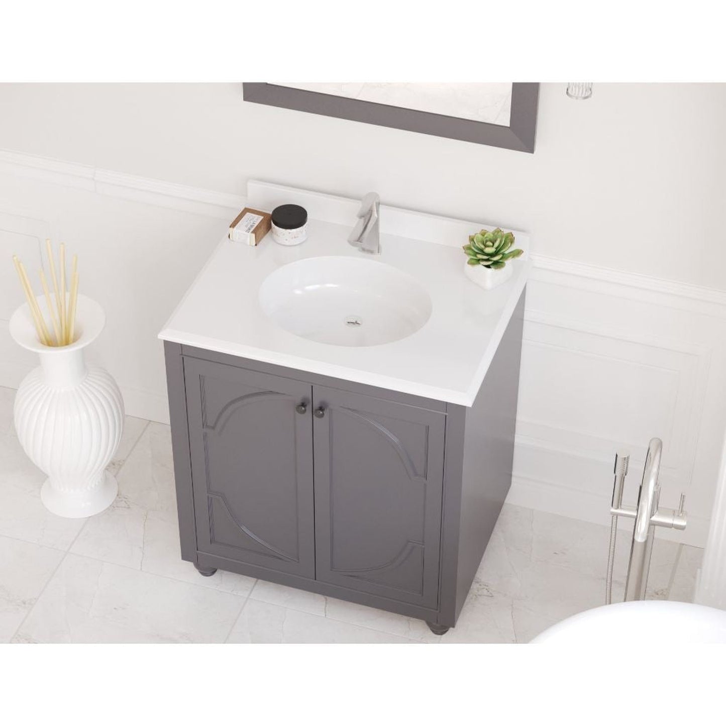 Laviva Odyssey 30" Maple Gray Vanity Base and Pure White Phoenix Stone Countertop With Oval Ceramic Sink