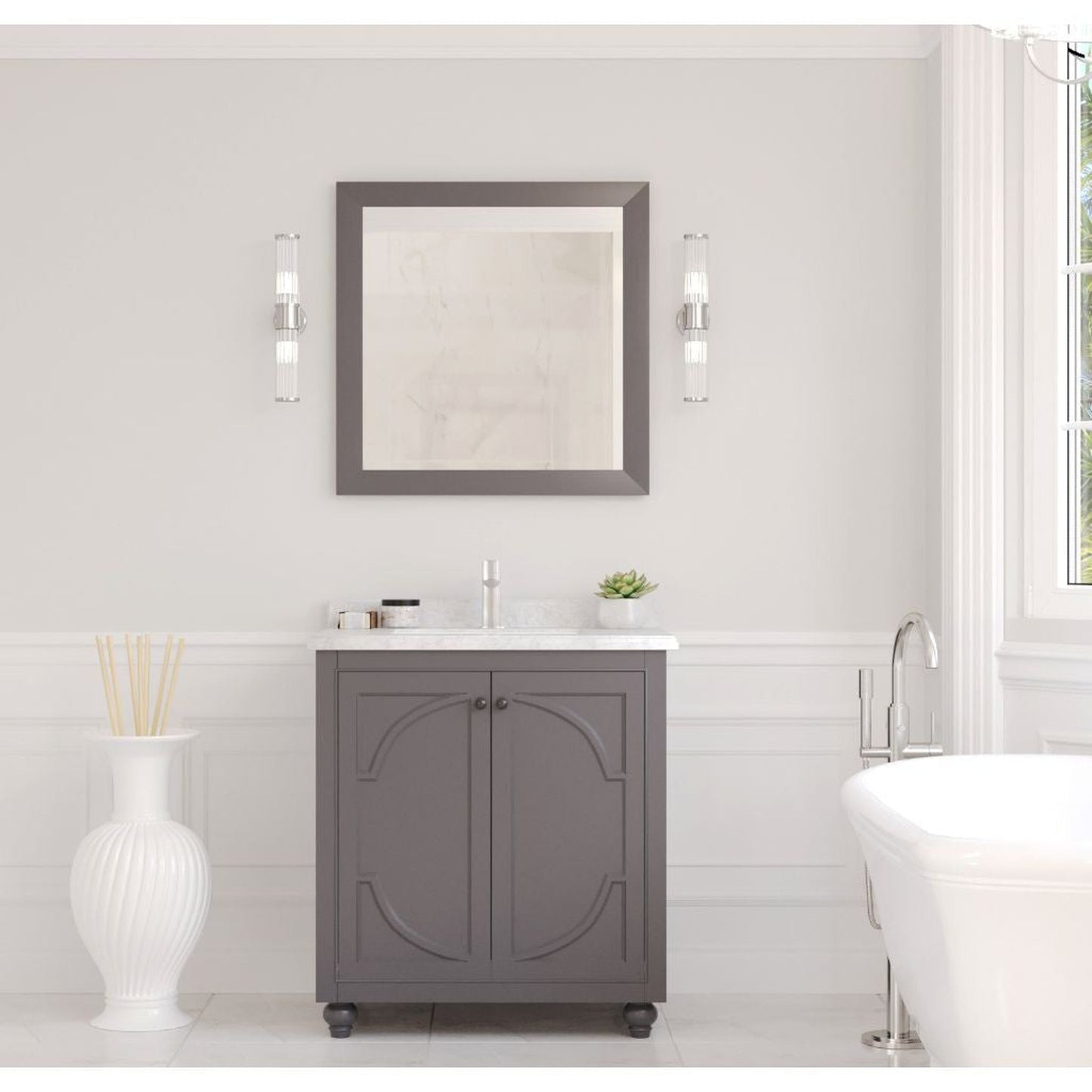 Laviva Odyssey 30" Maple Gray Vanity Base and White Carrara Marble Countertop With Rectangular Ceramic Sink