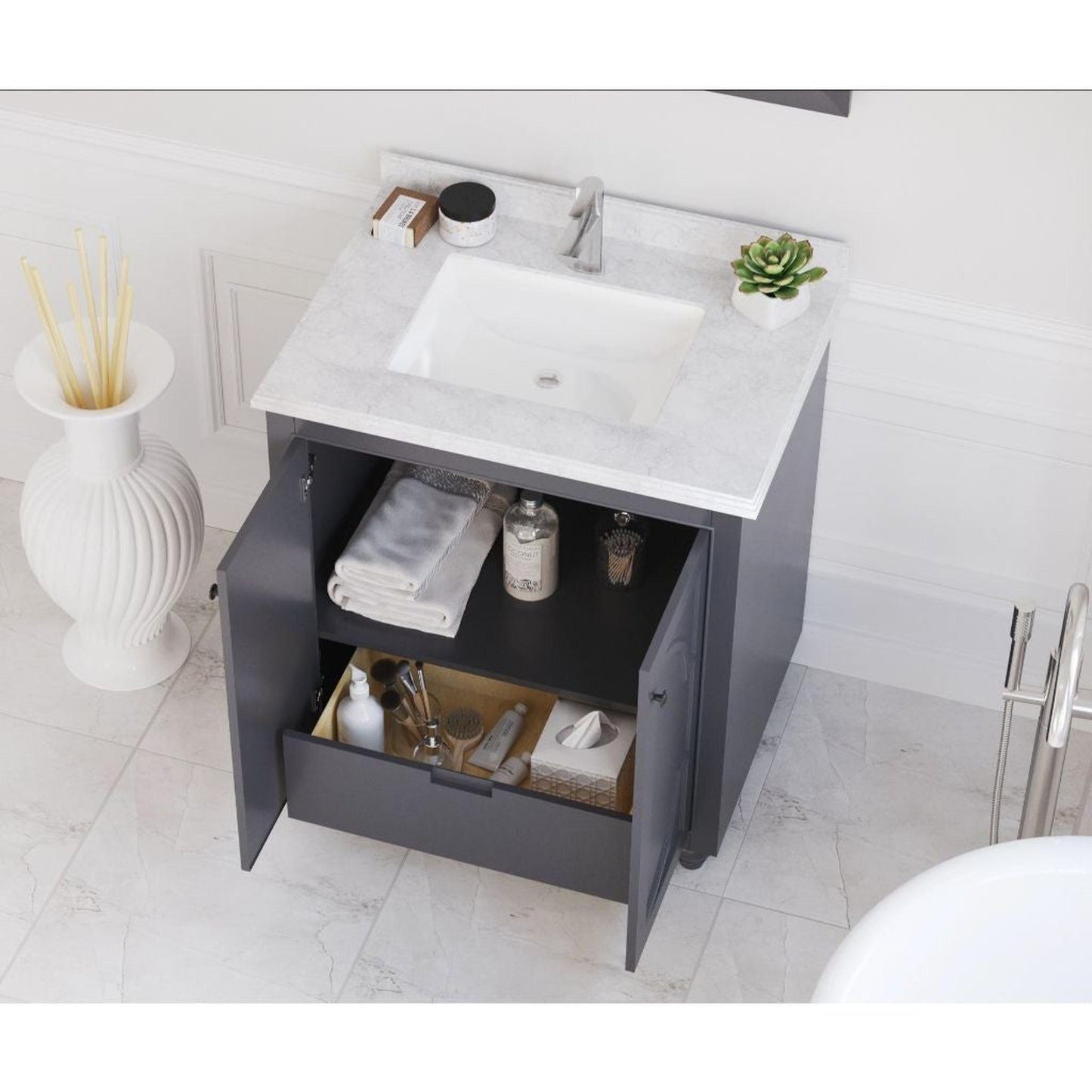 Laviva Odyssey 30" Maple Gray Vanity Base and White Carrara Marble Countertop With Rectangular Ceramic Sink