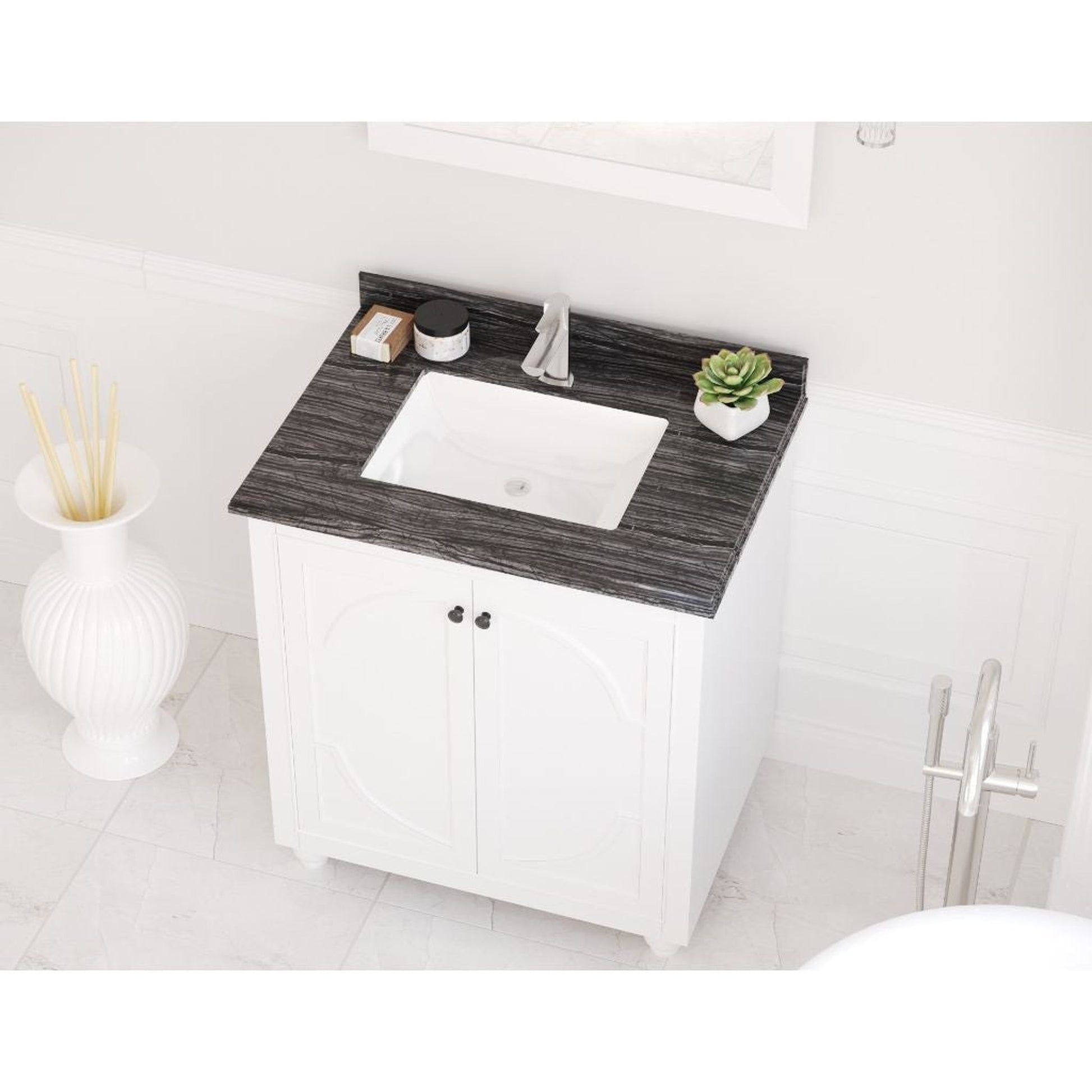 Laviva Odyssey 30" White Vanity Base and Black Wood Marble Countertop With Rectangular Ceramic Sink