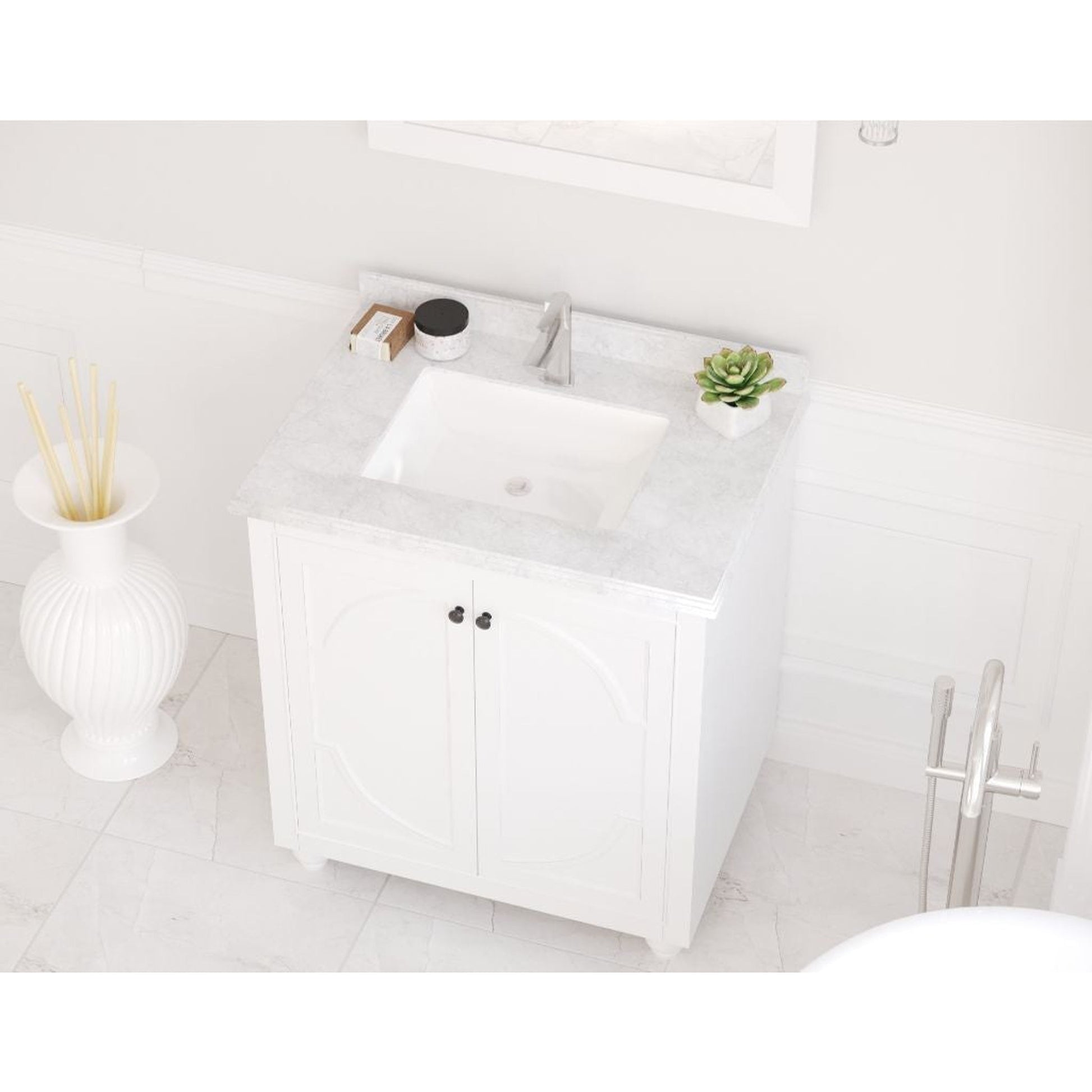 Laviva Odyssey 30" White Vanity Base and White Carrara Marble Countertop With Rectangular Ceramic Sink