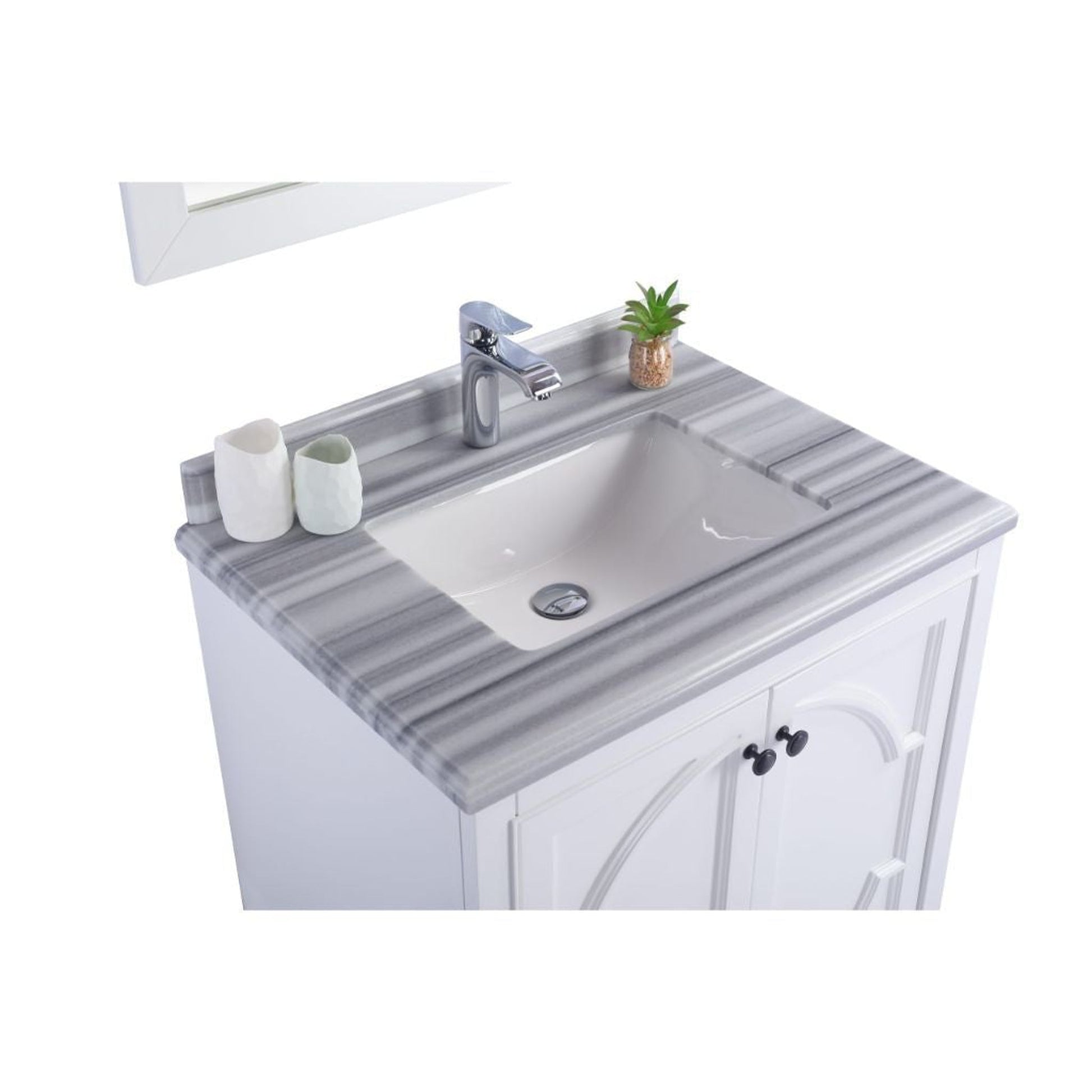 Laviva Odyssey 30" White Vanity Base and White Stripes Marble Countertop With Rectangular Ceramic Sink