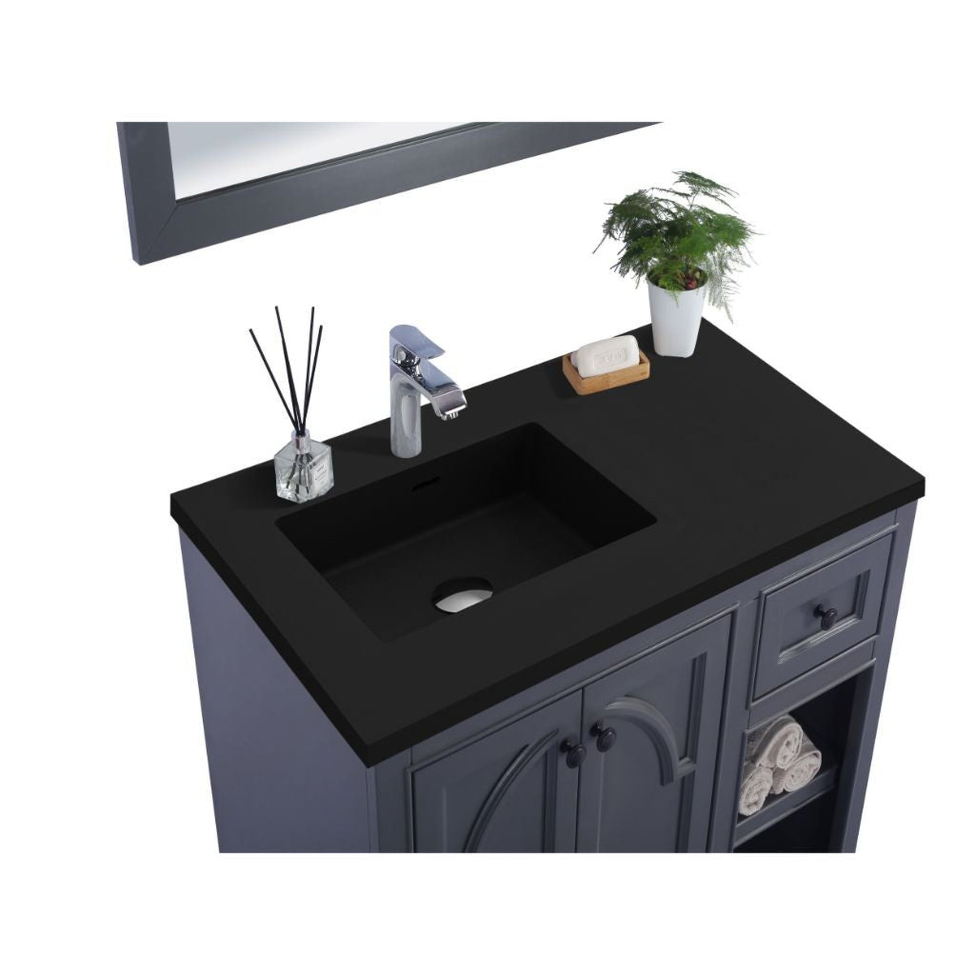 Laviva Odyssey 36" Maple Gray Vanity Base and Matte Black Solid Surface Countertop With Left Offset Integrated Sink