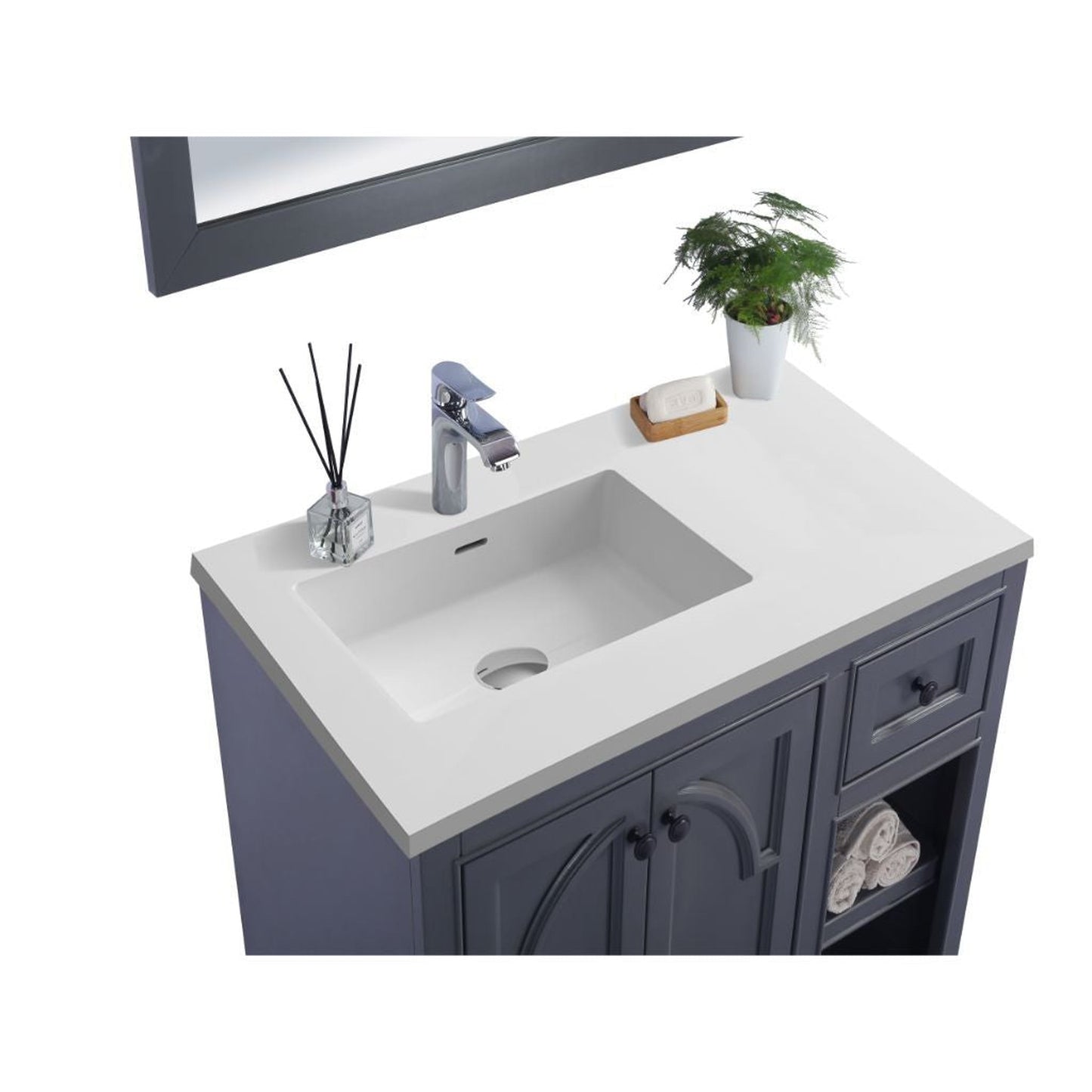 Laviva Odyssey 36" Maple Gray Vanity Base and Matte White Solid Surface Countertop With Left Offset Integrated Sink