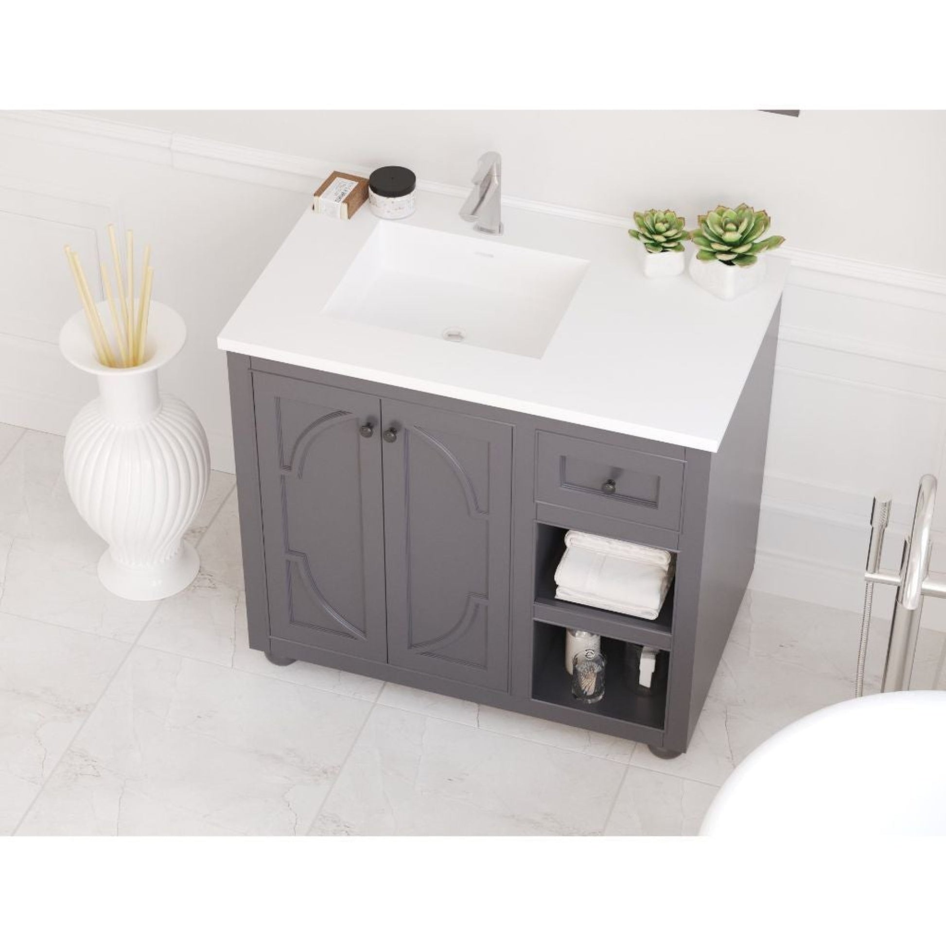 Laviva Odyssey 36" Maple Gray Vanity Base and Matte White Solid Surface Countertop With Left Offset Integrated Sink