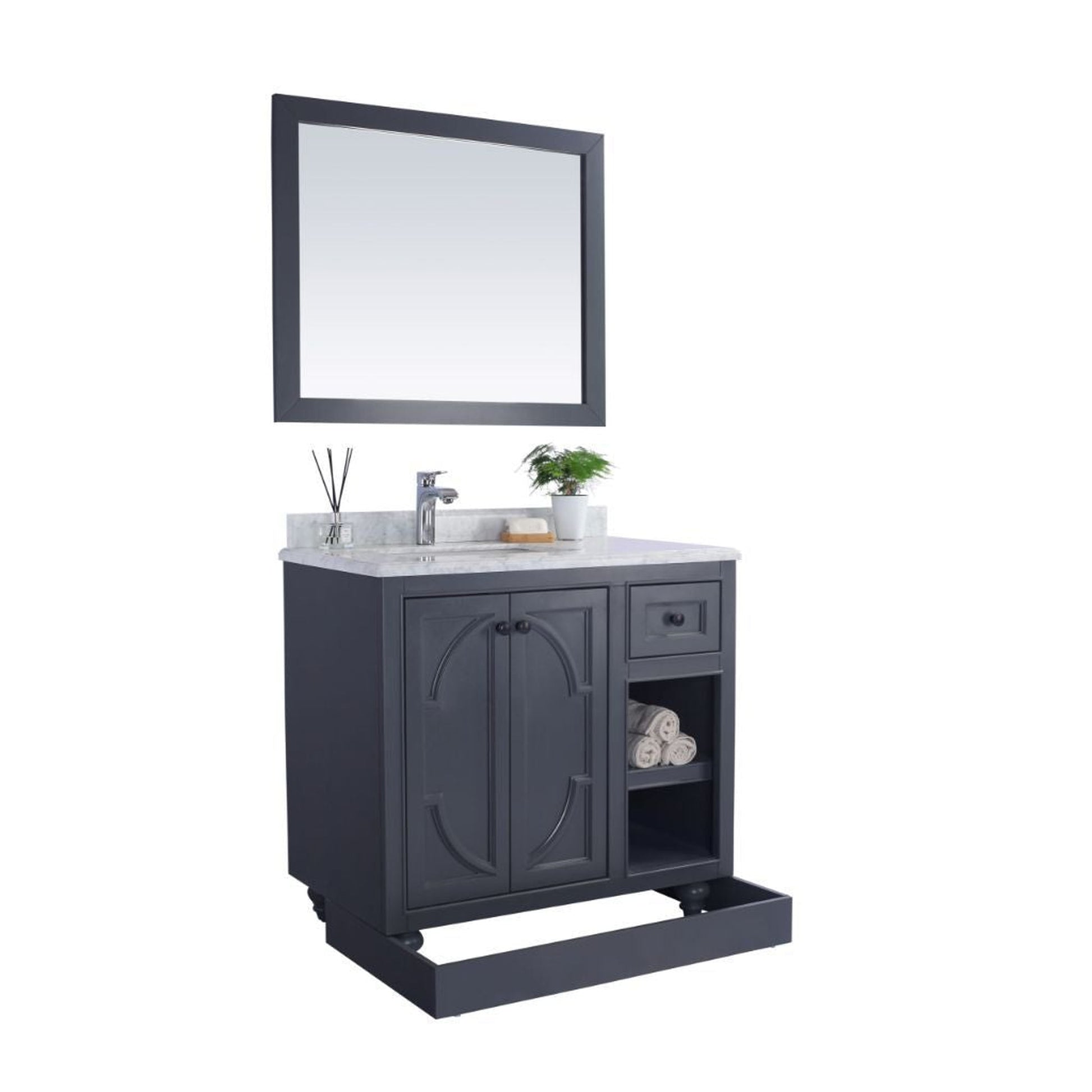 Laviva Odyssey 36" Maple Gray Vanity Base and White Carrara Marble Countertop With Left Offset Rectangular Ceramic Sink
