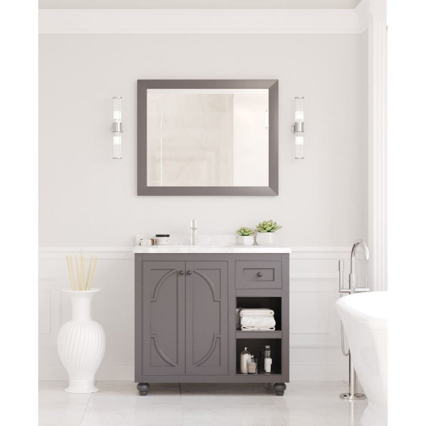 Laviva Odyssey 36" Maple Gray Vanity Base and White Carrara Marble Countertop With Left Offset Rectangular Ceramic Sink