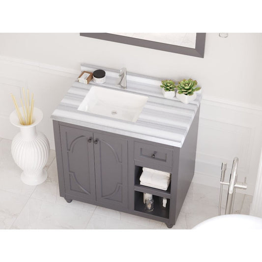 Laviva Odyssey 36" Maple Gray Vanity Base and White Stripes Marble Countertop With Left Offset Rectangular Ceramic Sink