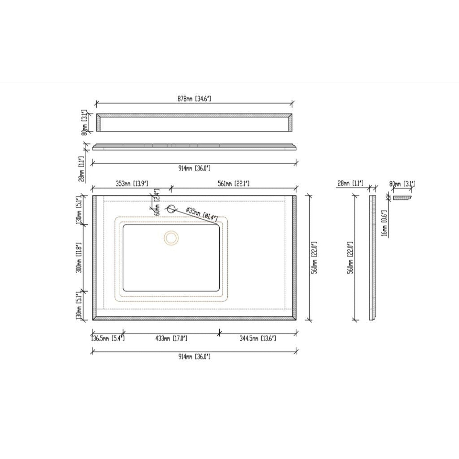 Laviva Odyssey 36" Single Hole White Carrara Marble Countertop With Left Offset Rectangular Ceramic Sink